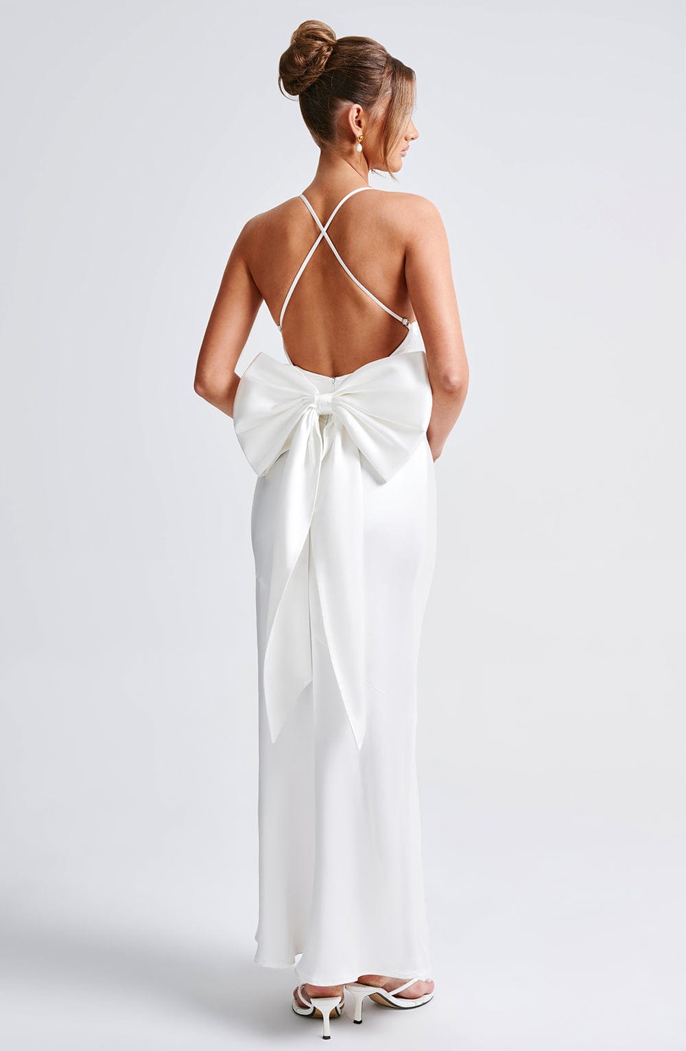 Ivory Satin Maxi Dress with Removable Bow - Elegant Wedding Attire