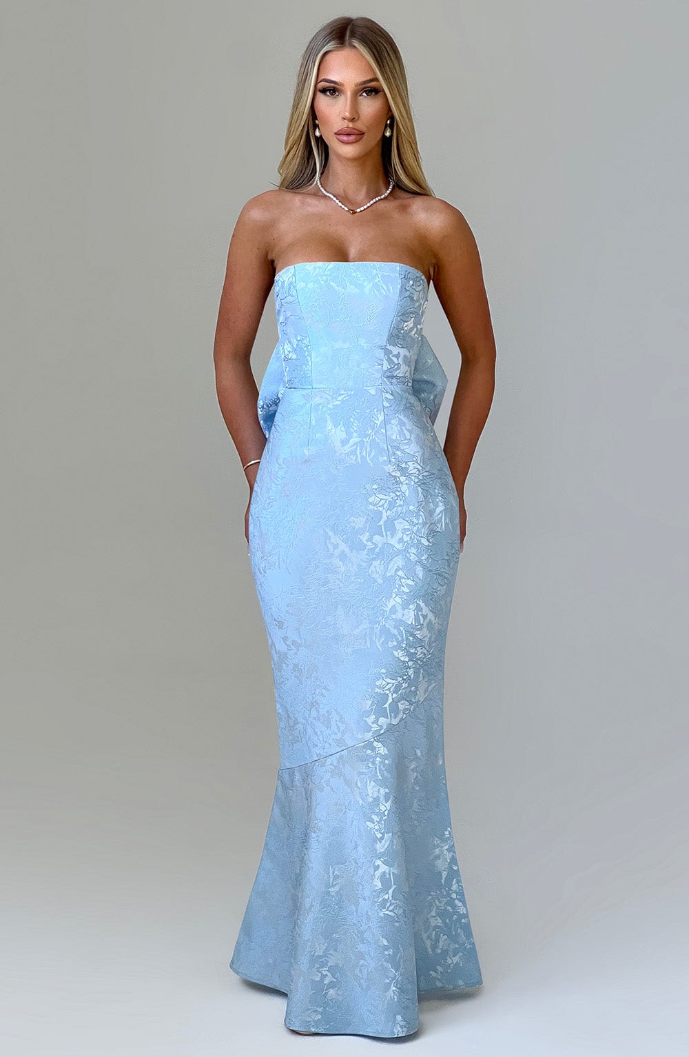 Blue Flare Fit and Flare Maxi Dress with Oversized Bow Detail