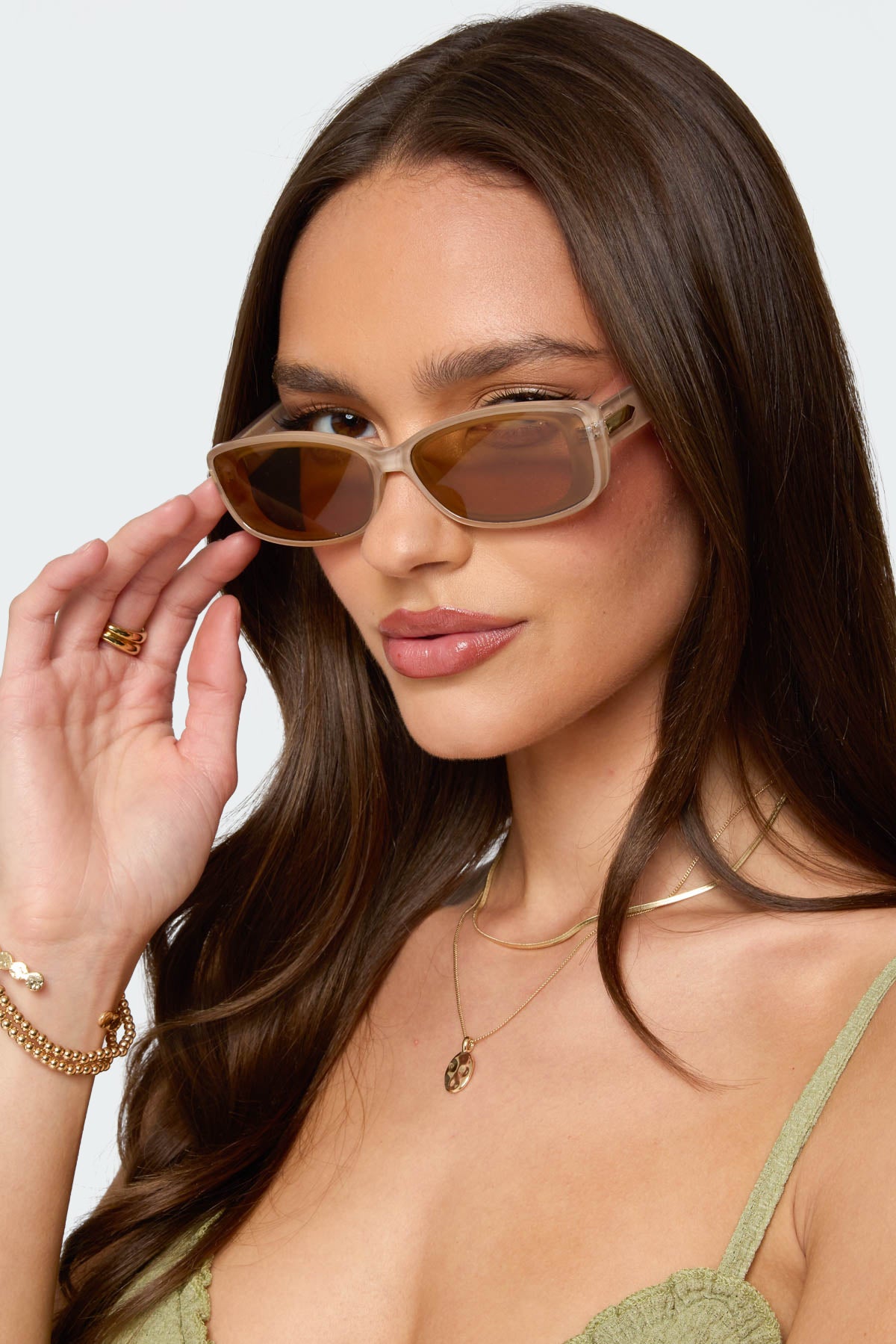 Rectangle Nude Lens Sunglasses UV Protection Metal Detailing