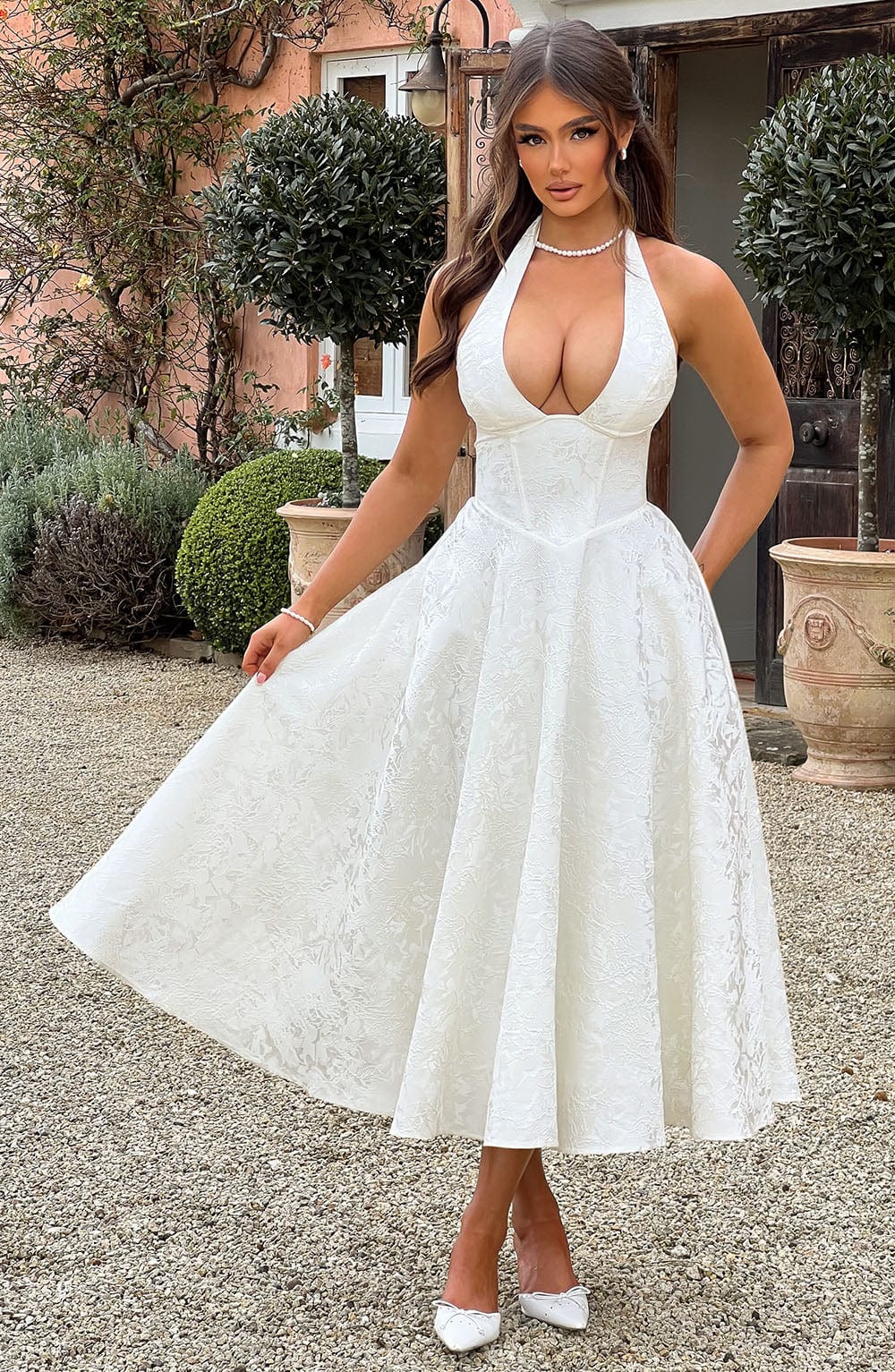 Elegant Ivory Floral Jacquard Halter Neck Midi Dress