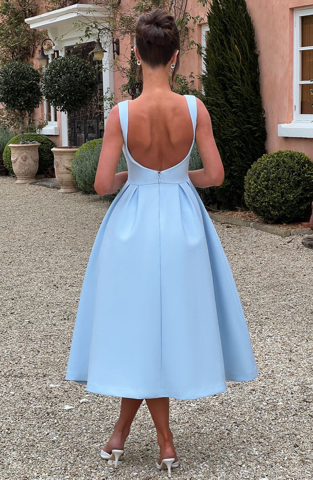 Blue Crepe Midi Dress with Tulle Skirt