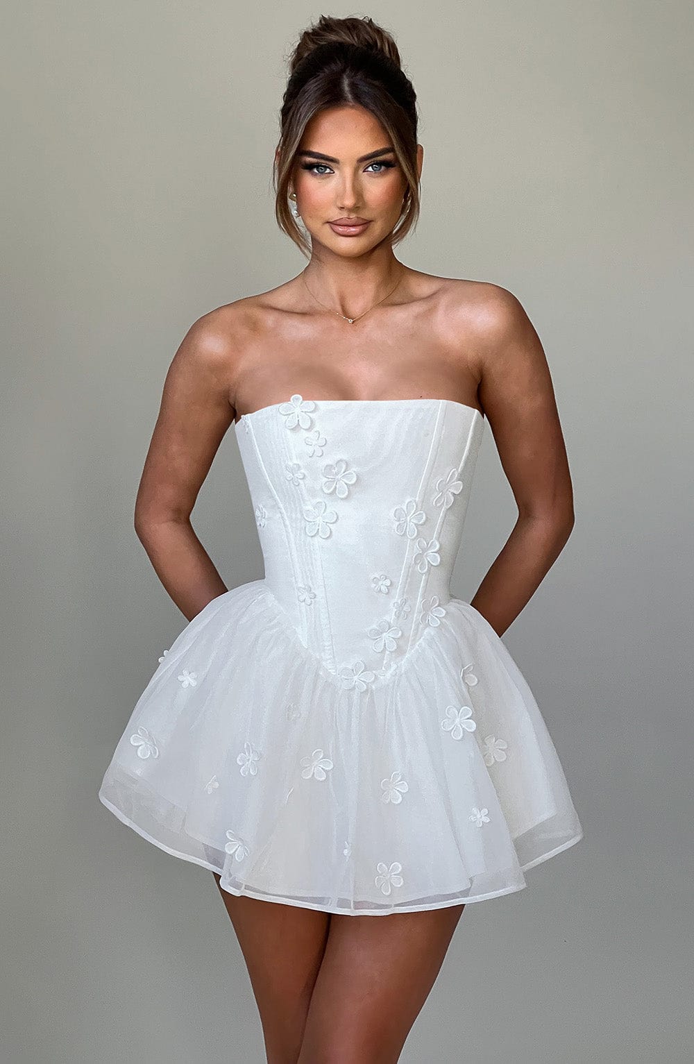 Ivory Strapless Mesh Playsuit with Floral Appliques