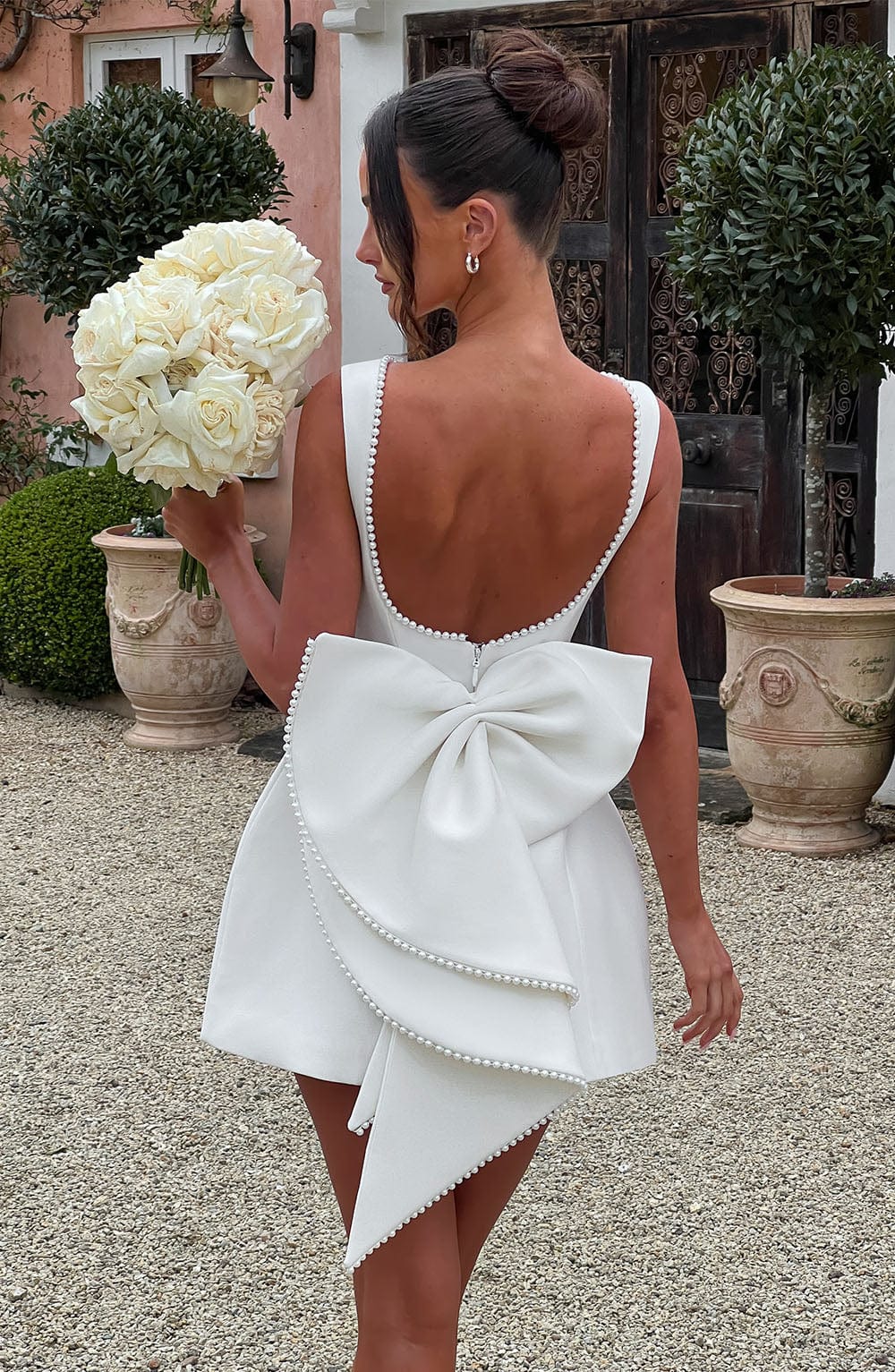 Ivory Crepe Mini Dress with Pearl Adornments