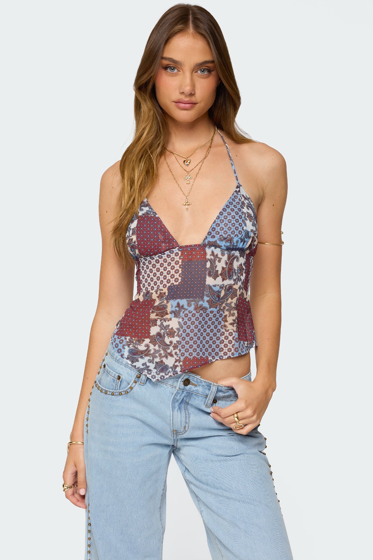 Patchwork Mesh Backless Halter Top Black
