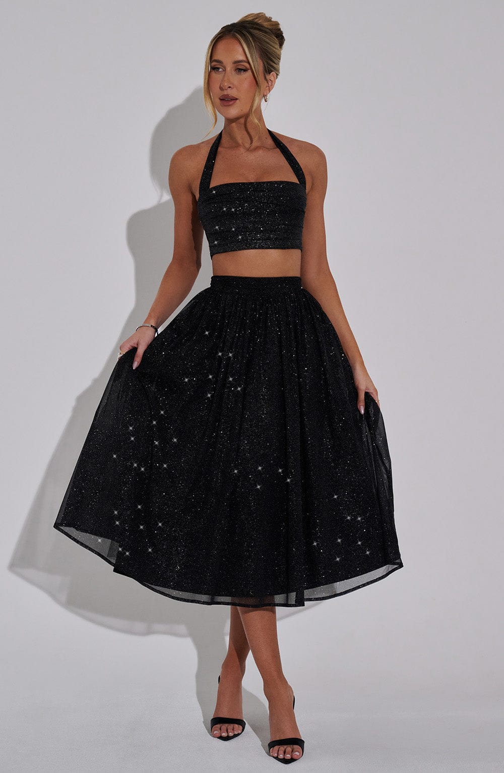 Black Sparkle Mesh Alani Midi Skirt