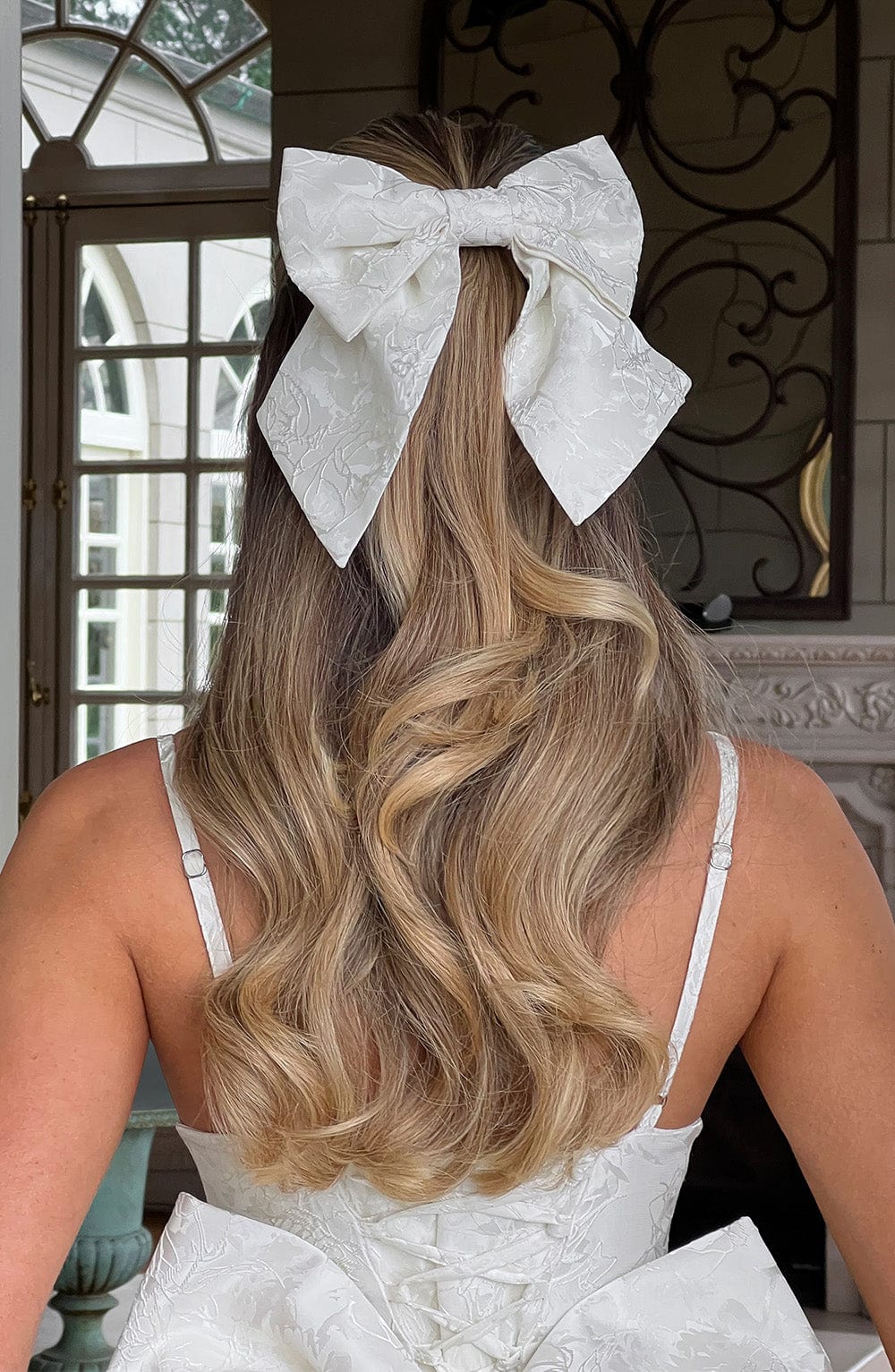 Ivory Floral Jacquard Hair Bow Clip - Elegant Accessory