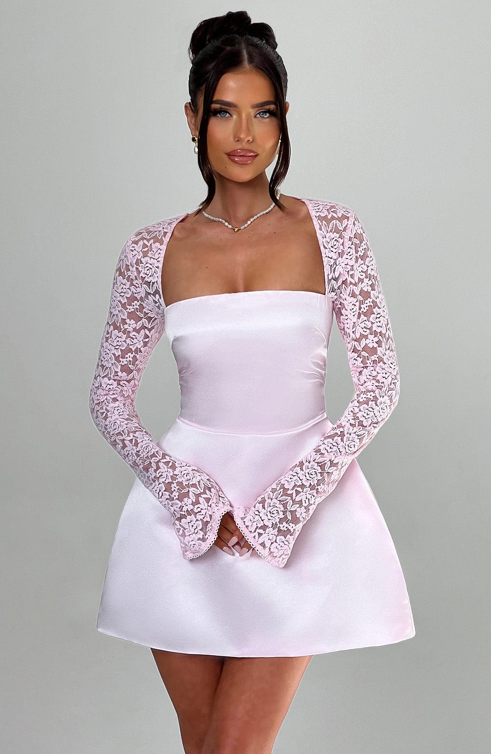 Blush Lace Sleeve Mini Dress with Cinched Waist