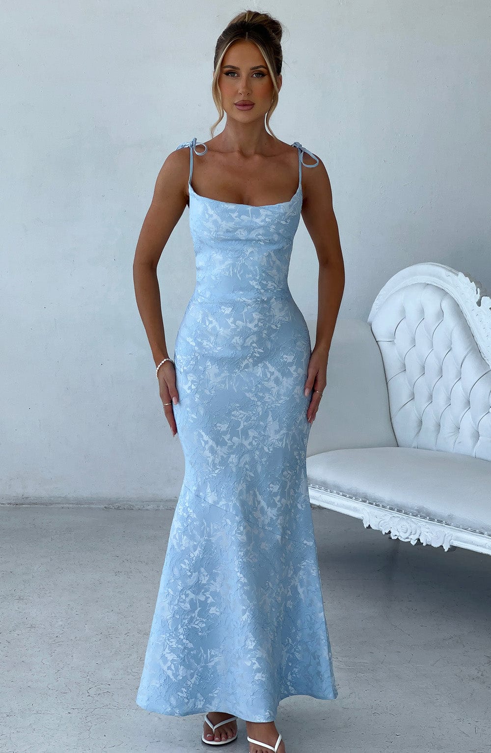 Blue Floral Jacquard Maxi Dress with Cowl Neck and Tie Straps
