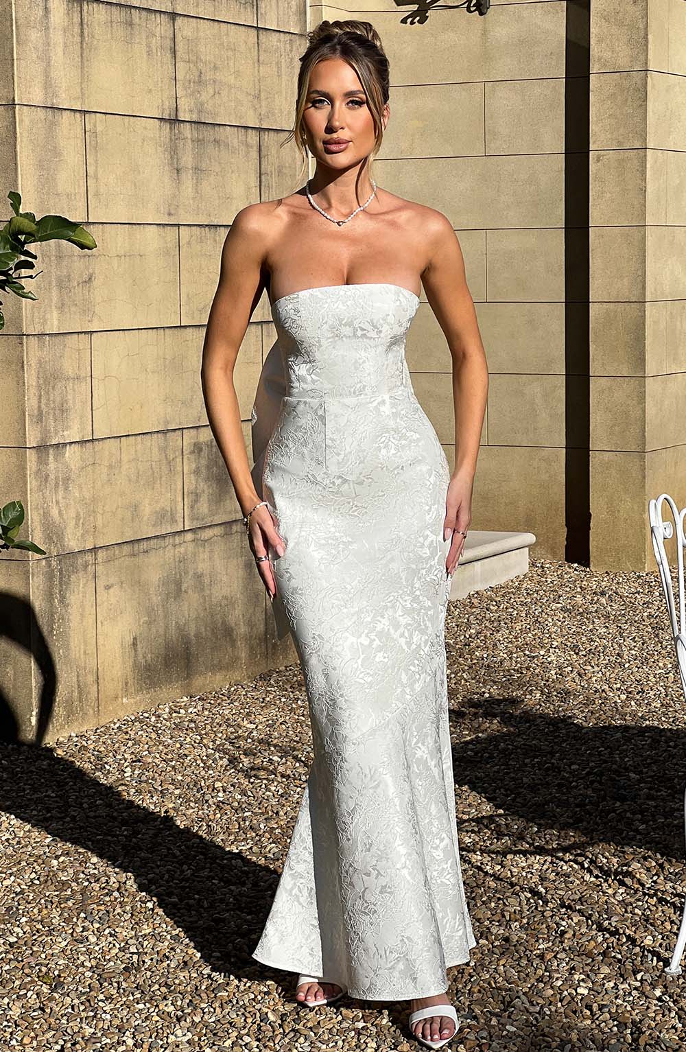 Ivory Floral Jacquard Maxi Dress with Bow Detail
