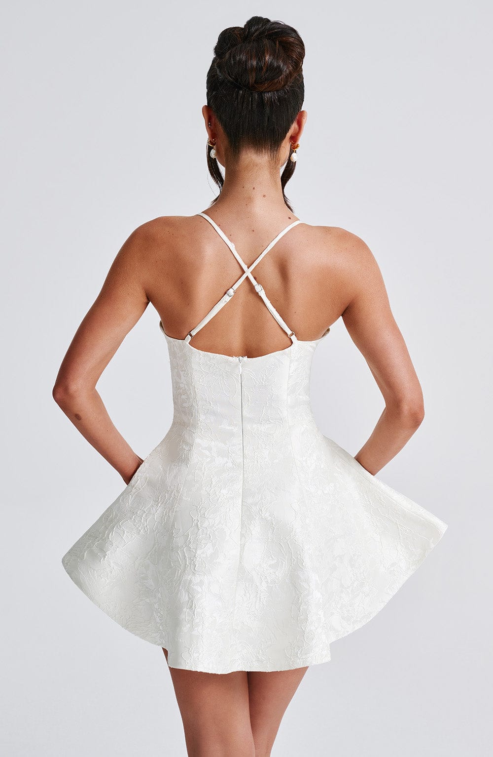 Floral Jacquard Playsuit in Ivory - Womens Flared Mini Dress