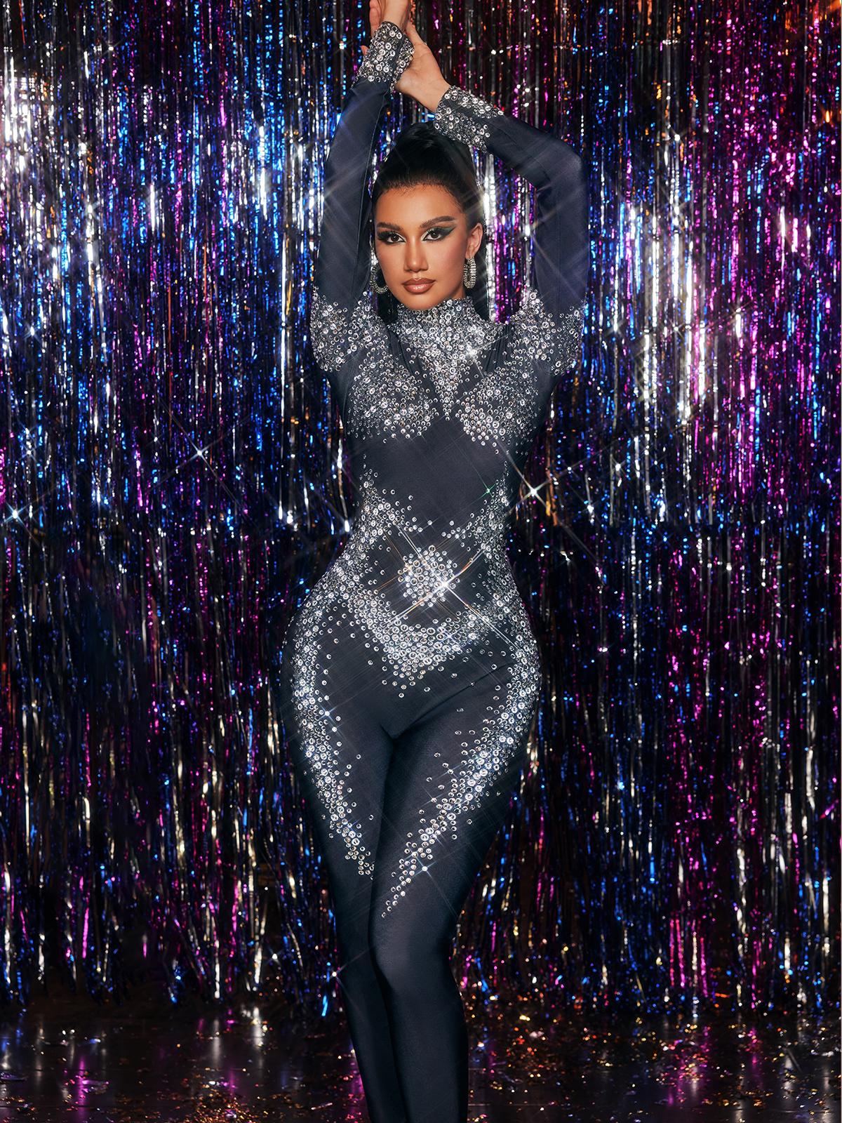 Elegant Rhinestone Embellished High Neck Jumpsuit