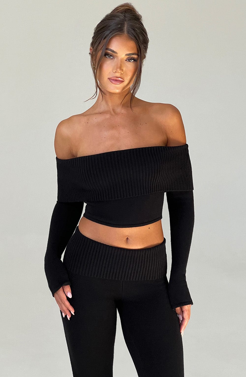 Black Knit Top with Fold Over Bardot Panel - Womens Crop Fit