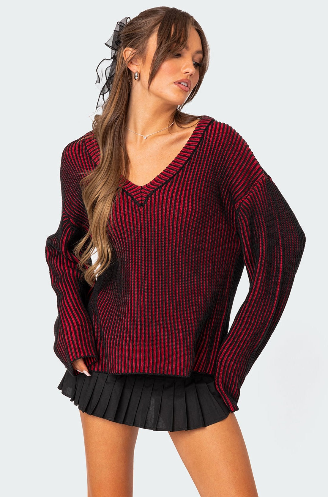 Textured Knit Oversized Sweater in Red