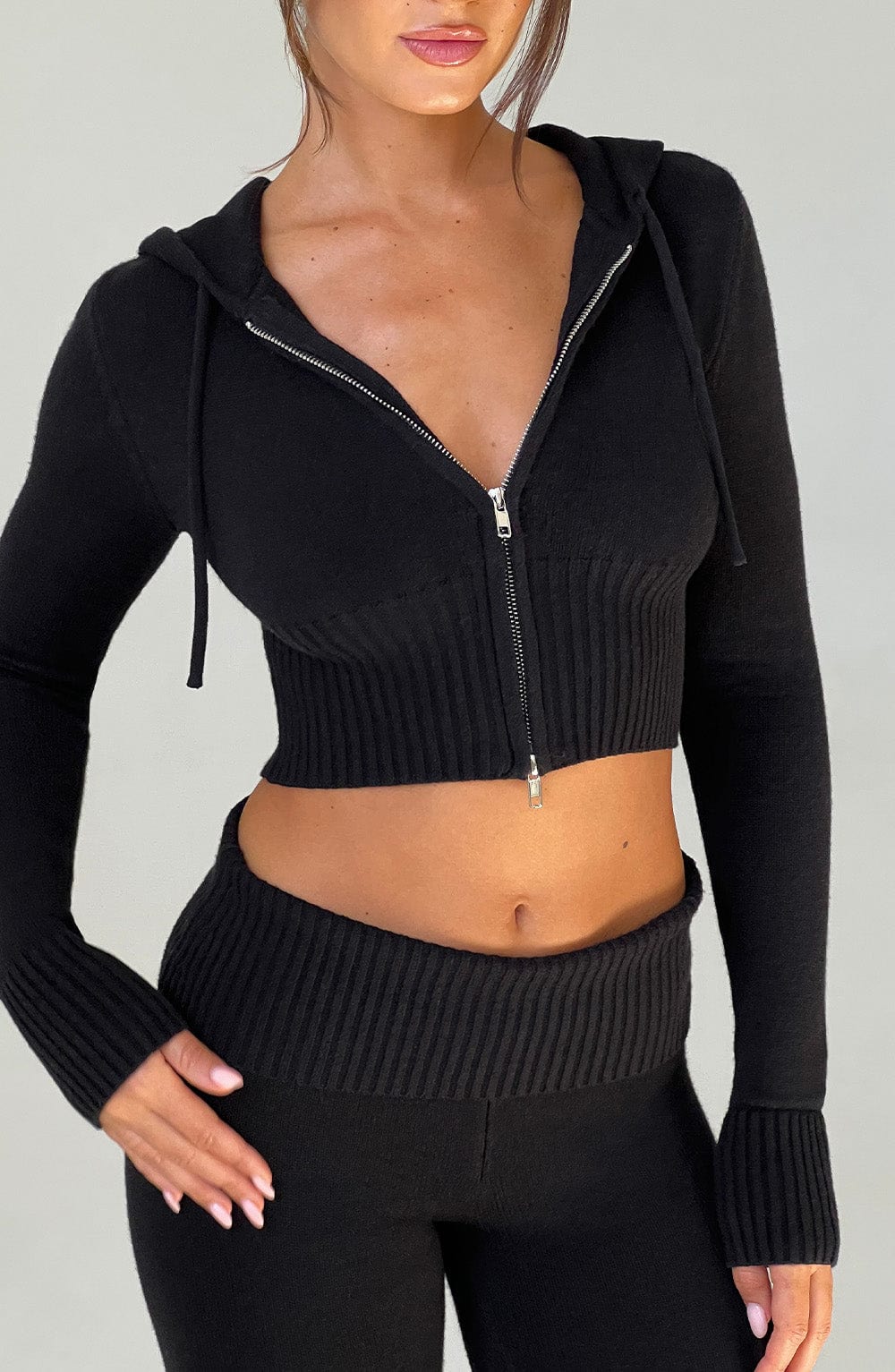 Black Knit Hoodie with Zipper Closure