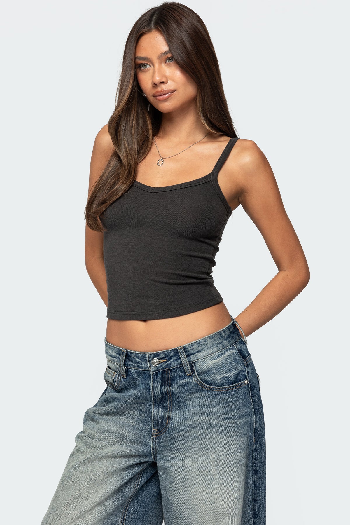 Ribbed Gray V Neck Tank Top for Women