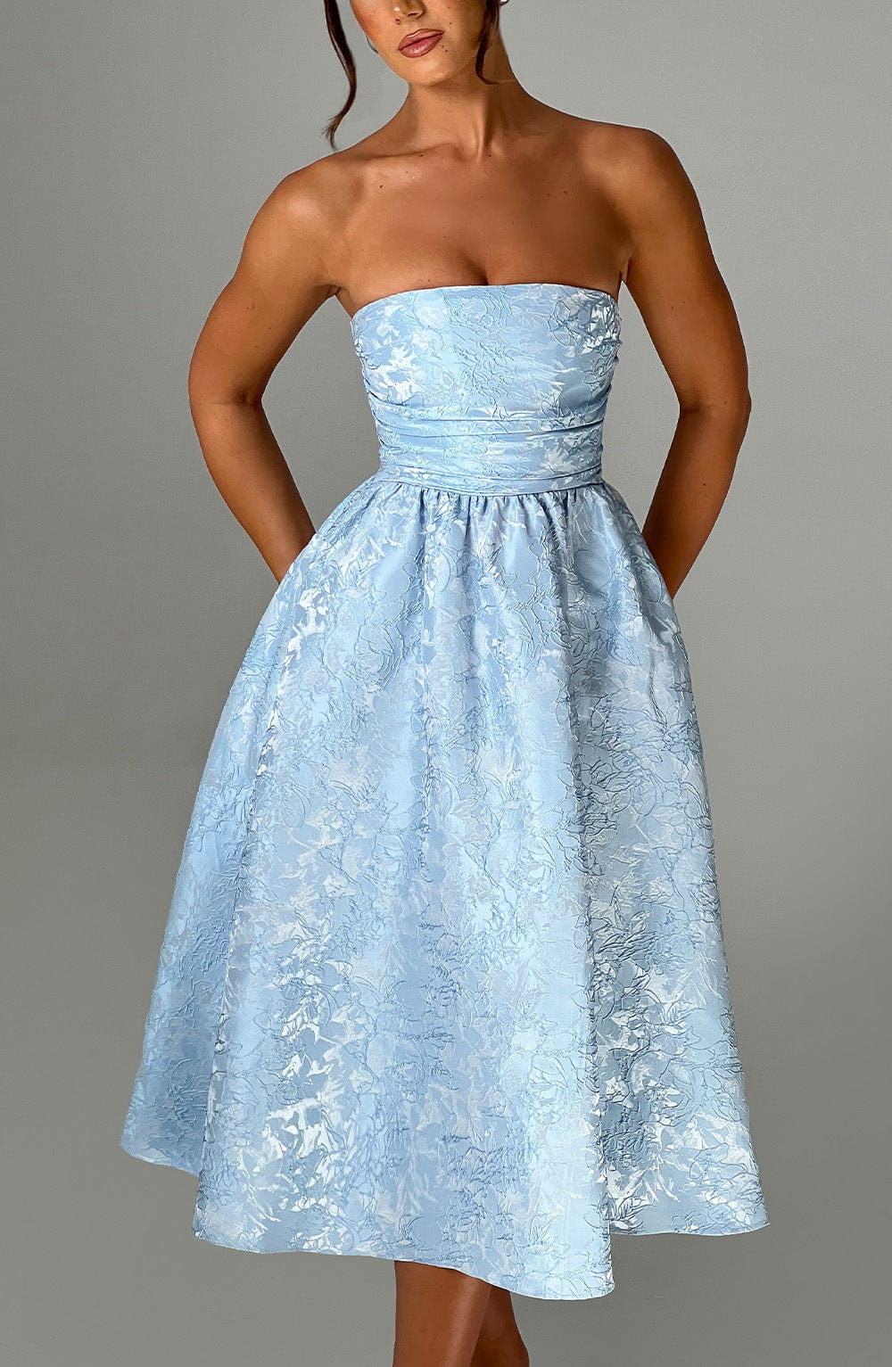 Blue Floral Jacquard Midi Dress for Elegant Events