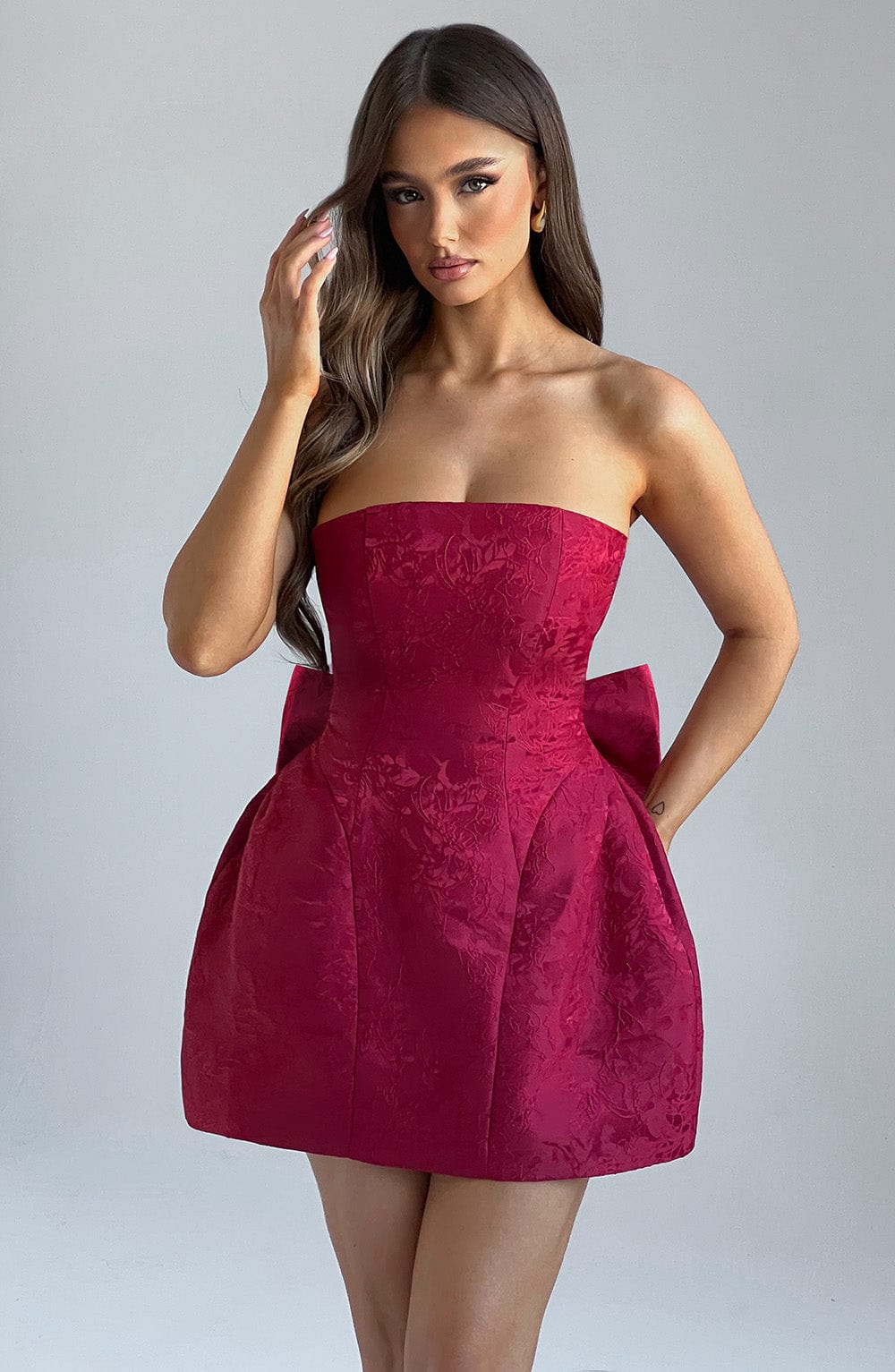 Red Jacquard Strapless Mini Dress with Oversized Bow Detail