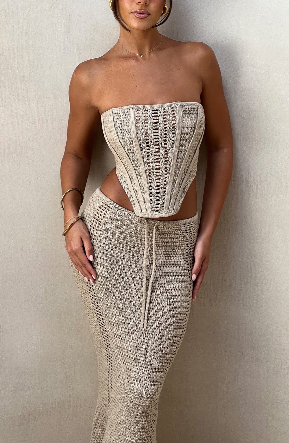 Beige Crochet Knit Corset Top - Carly Collection