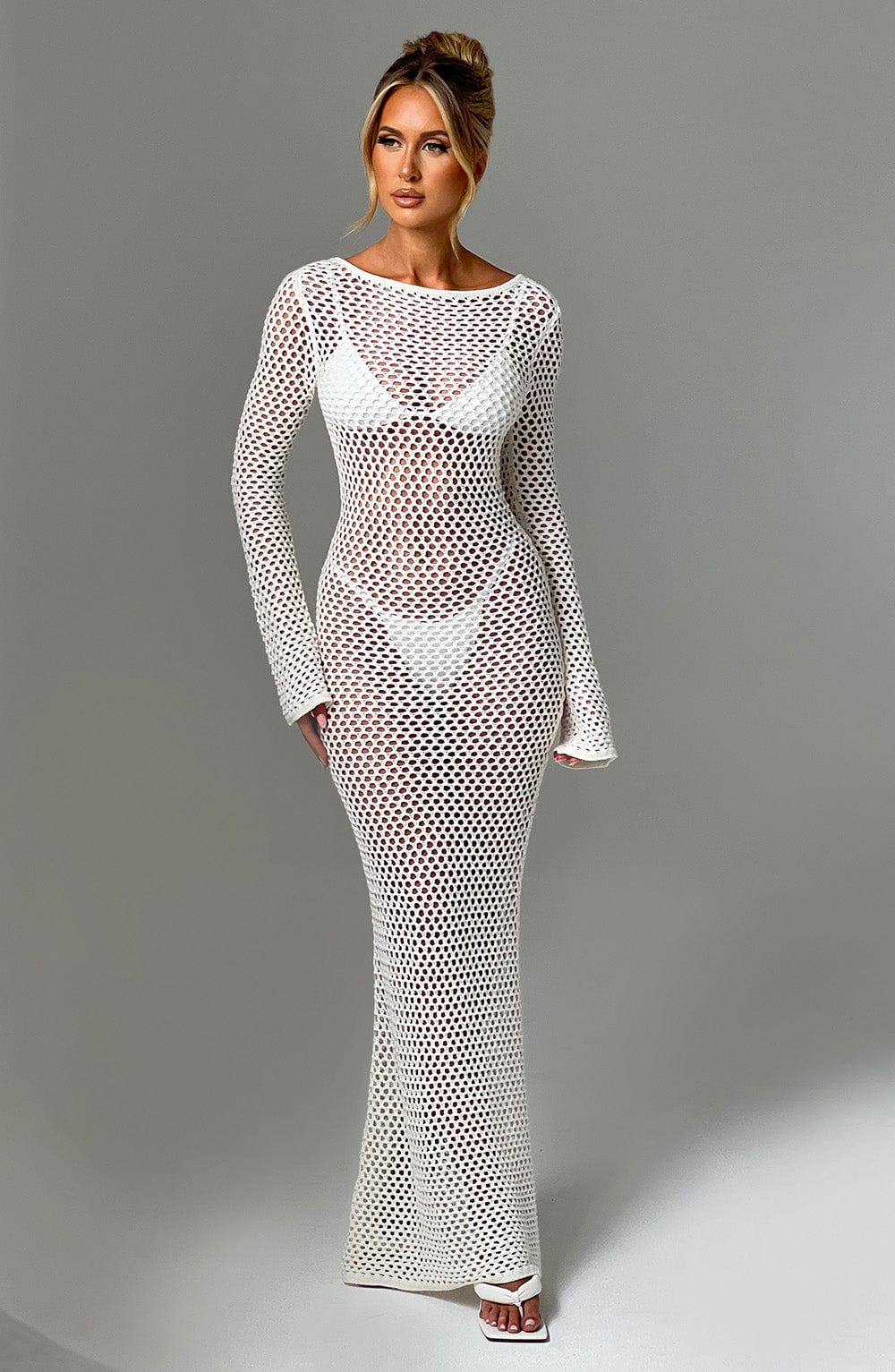 White Sheer Knit Maxi Dress with Low Back and High Neckline