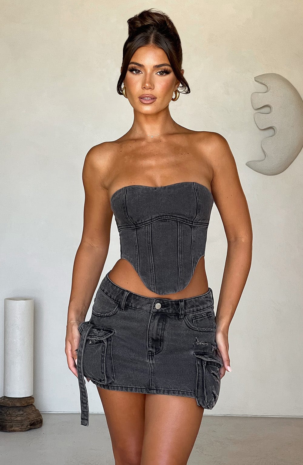 Cargo Pocket Denim Mini Skirt - Black