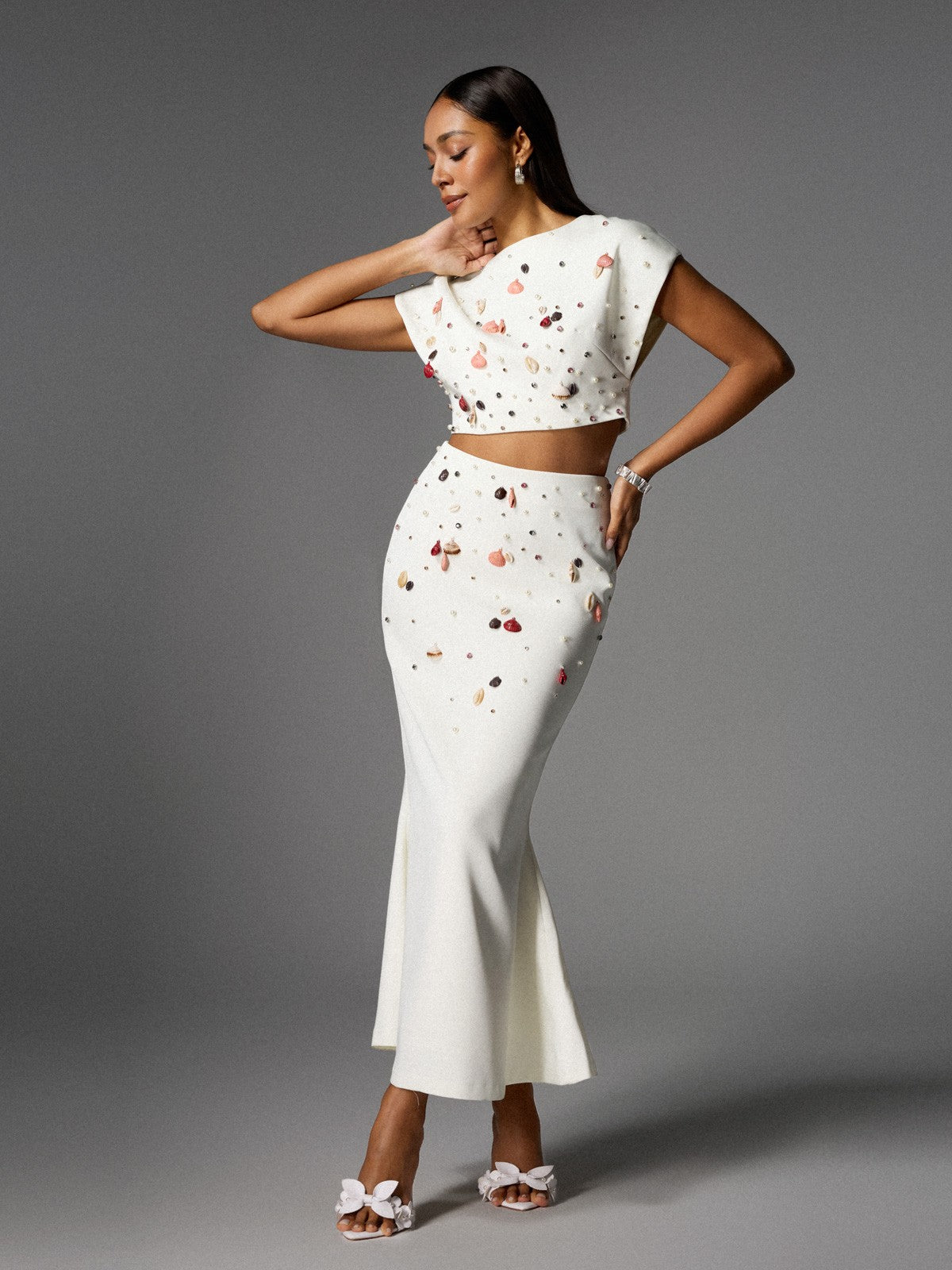 Elegant Seashell Pearl White Skirt Set