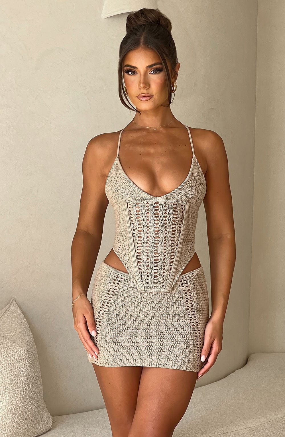 Premium Crochet Knit Top - Beige Triangle Cups Lace-Up Back
