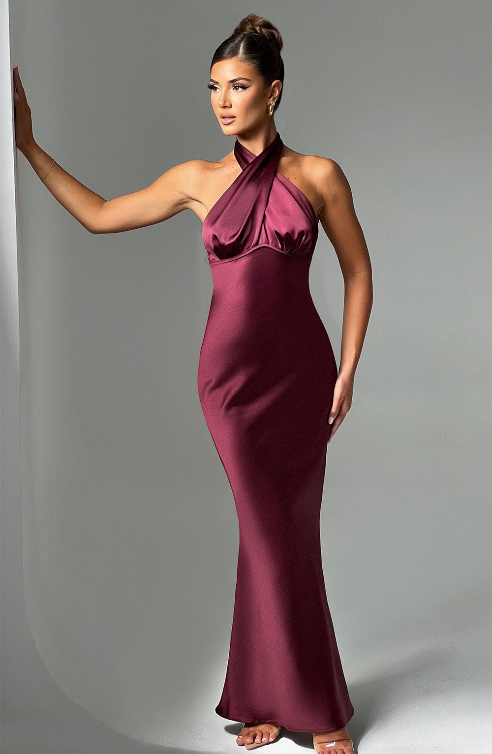 Burgundy Satin Fit and Flare Maxi Dress
