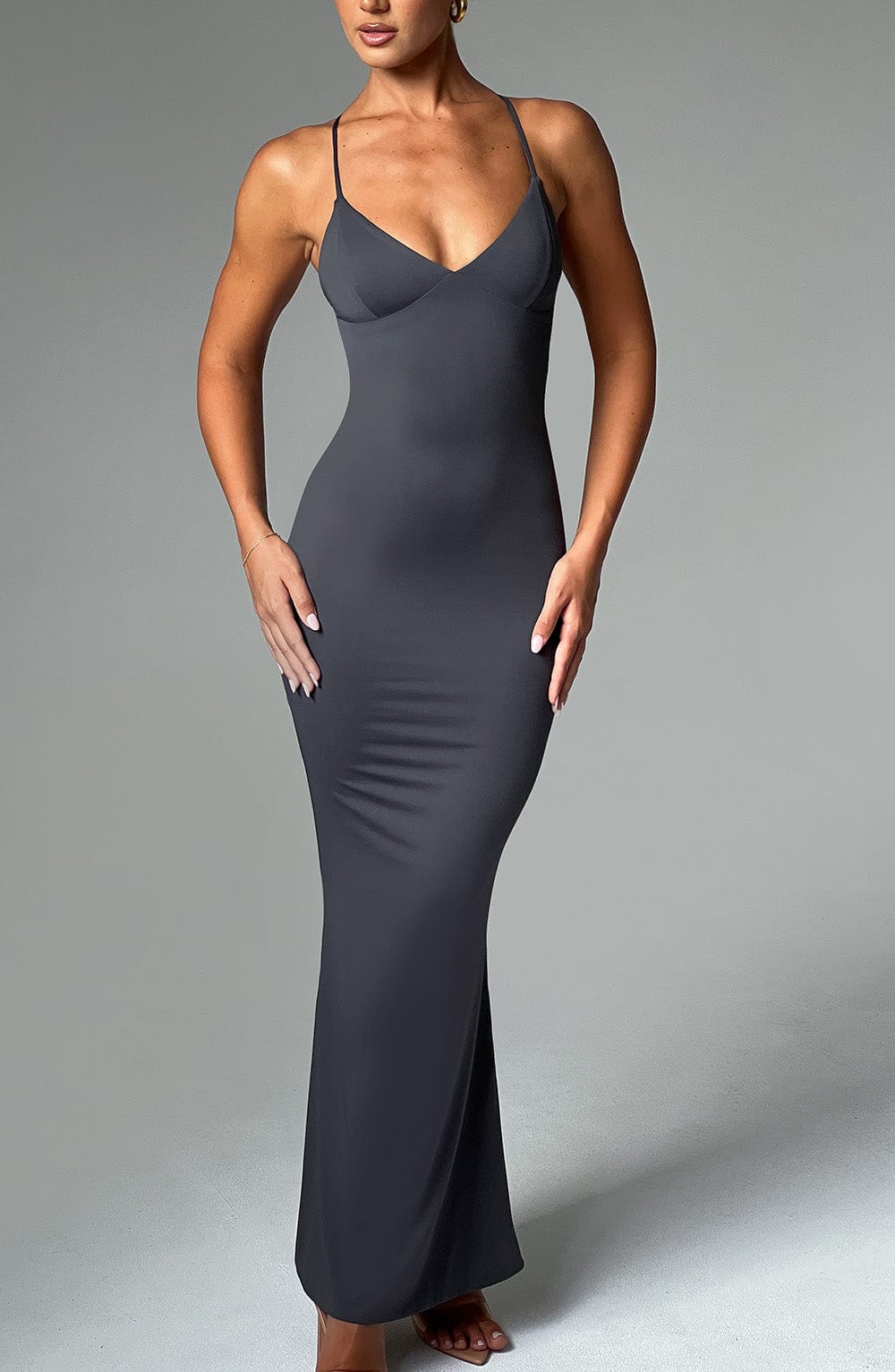 Charcoal V-Back Maxi Dress - Elegant Formal Wear