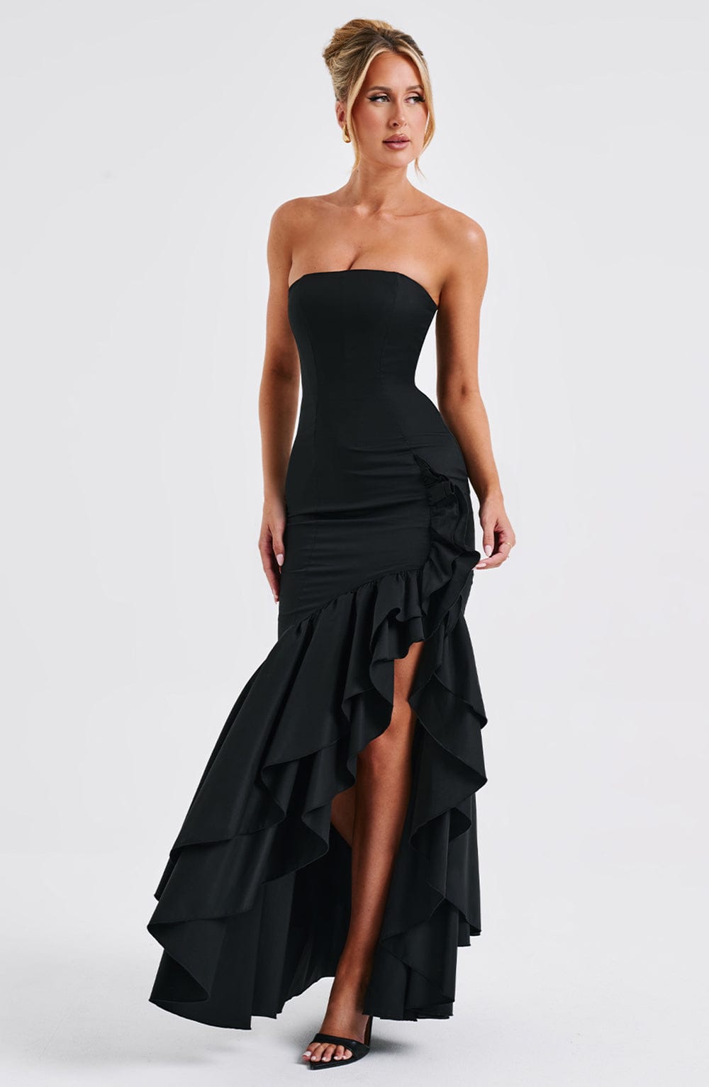 Black Strapless Maxi Dress with Frilled High Low Skirt