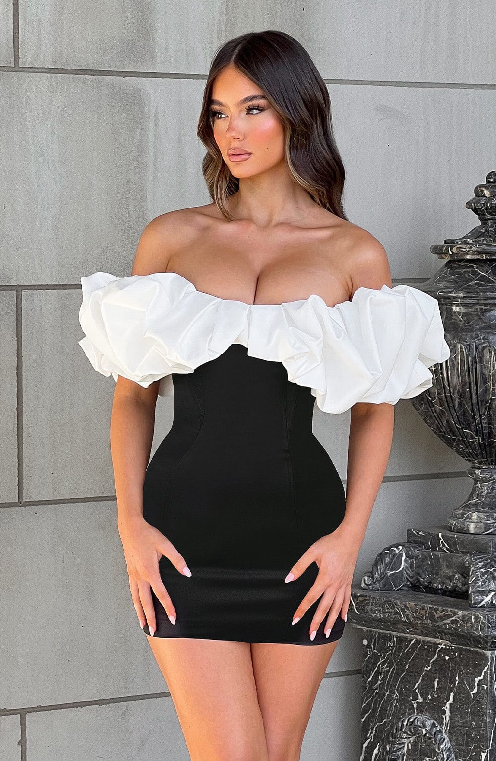 Bardot Neckline Mini Dress in Black and White