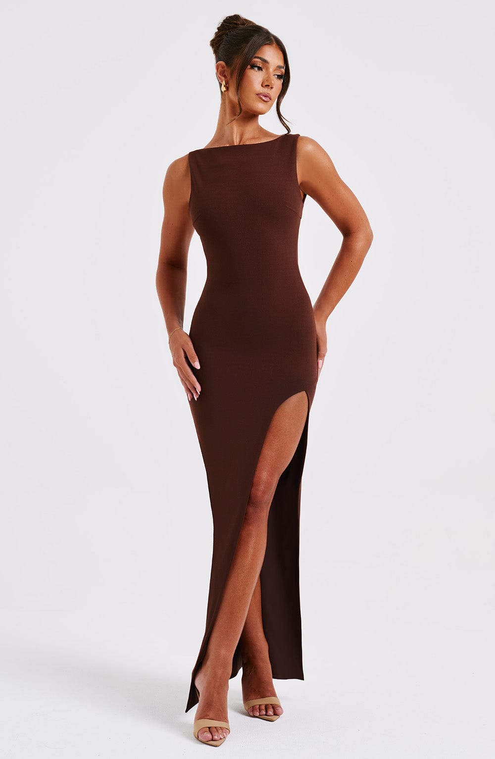 Chocolate Boat Neck Maxi Dress in Luxury Stretch Crepe