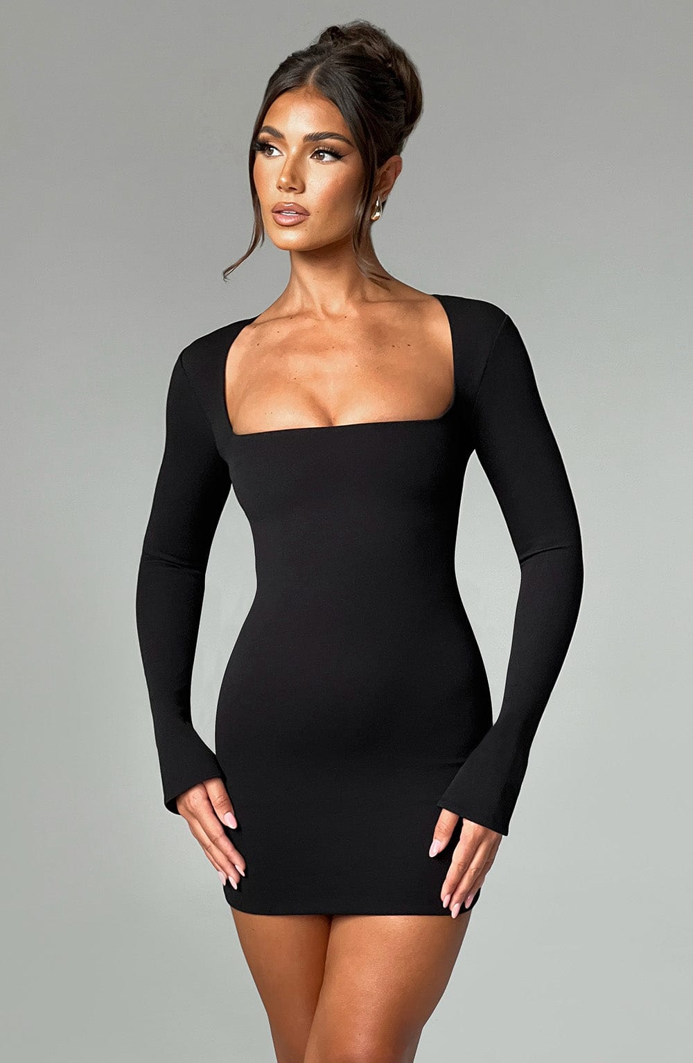 Chic Black Stretch Crepe Mini Dress - Flared Cuffs