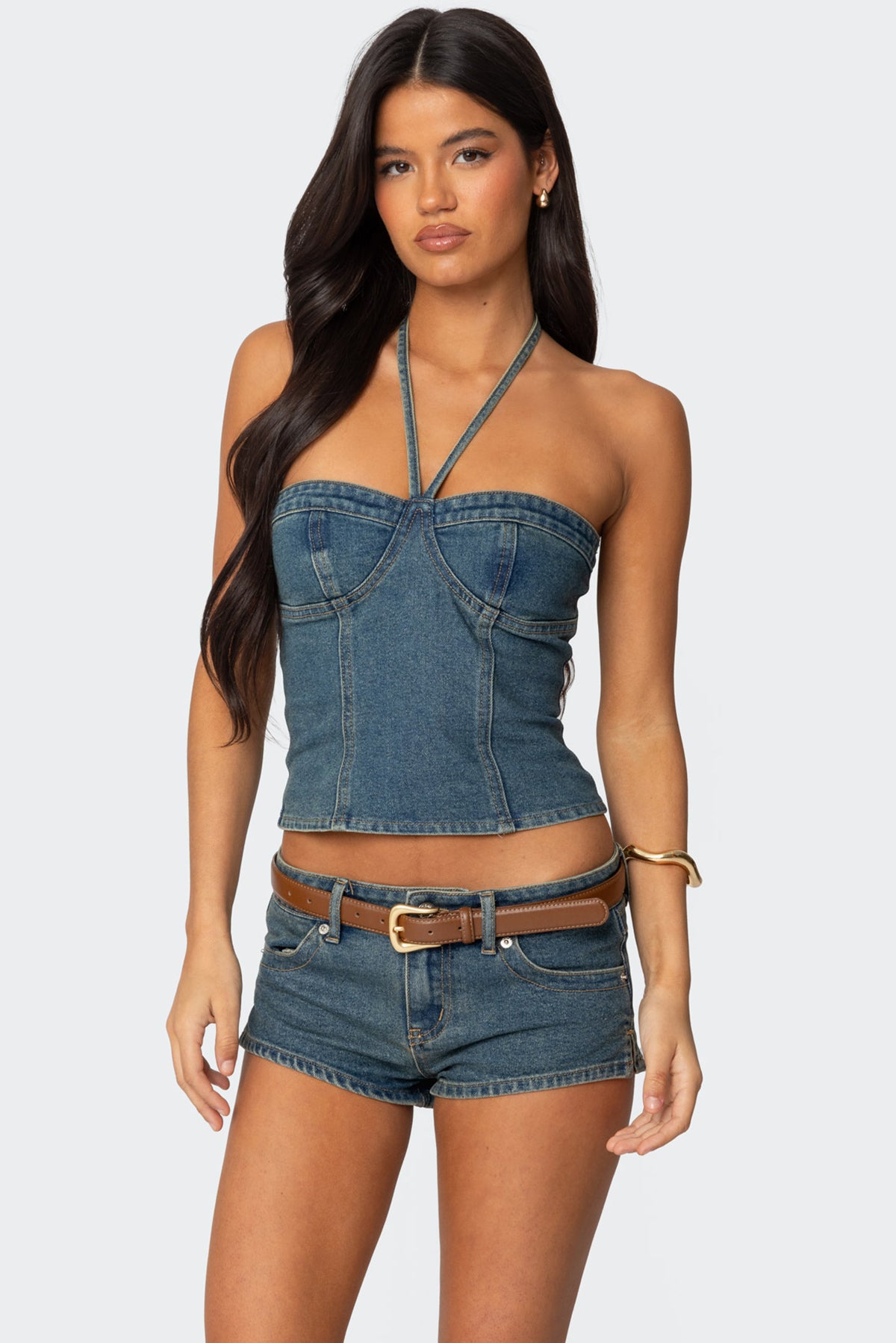 Blue Washed Denim Halter Top for Women