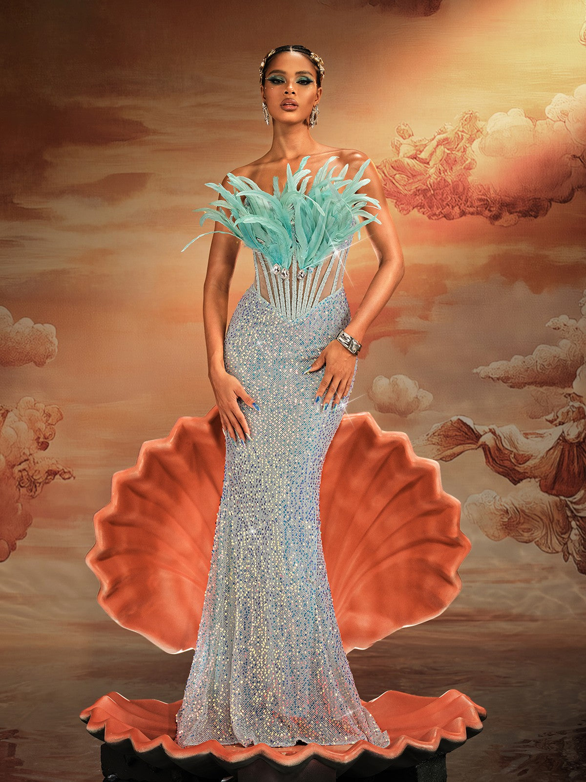 Feather Sequin Strapless Maxi Dress - Elegant Green Embellished Gown