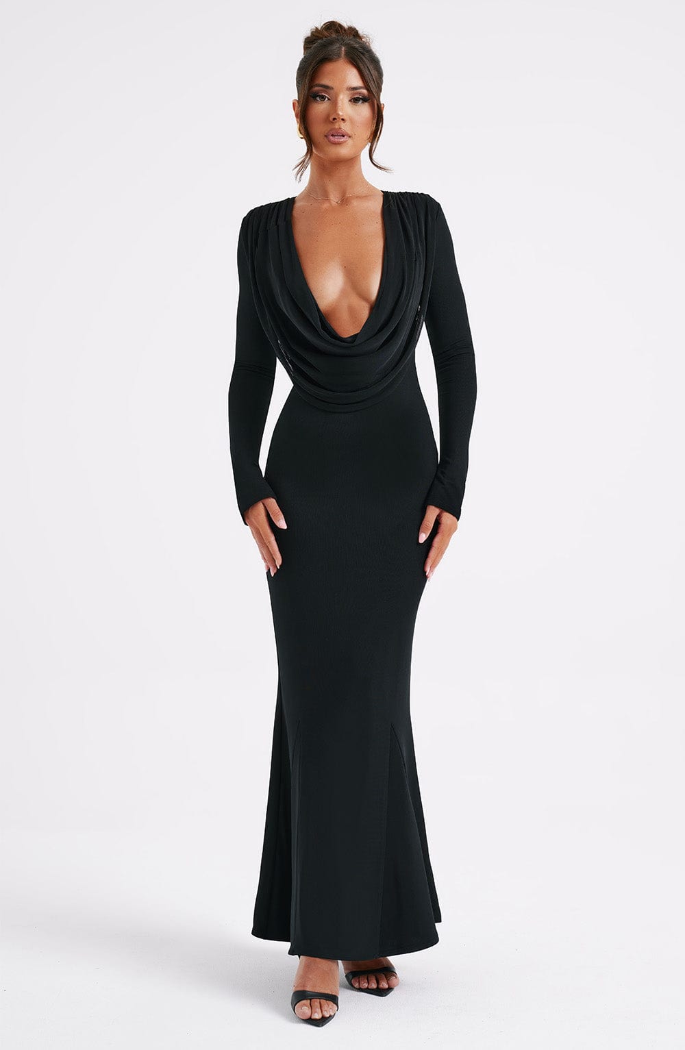 Black Maxi Dress with Long Sleeves and Plunge Neckline
