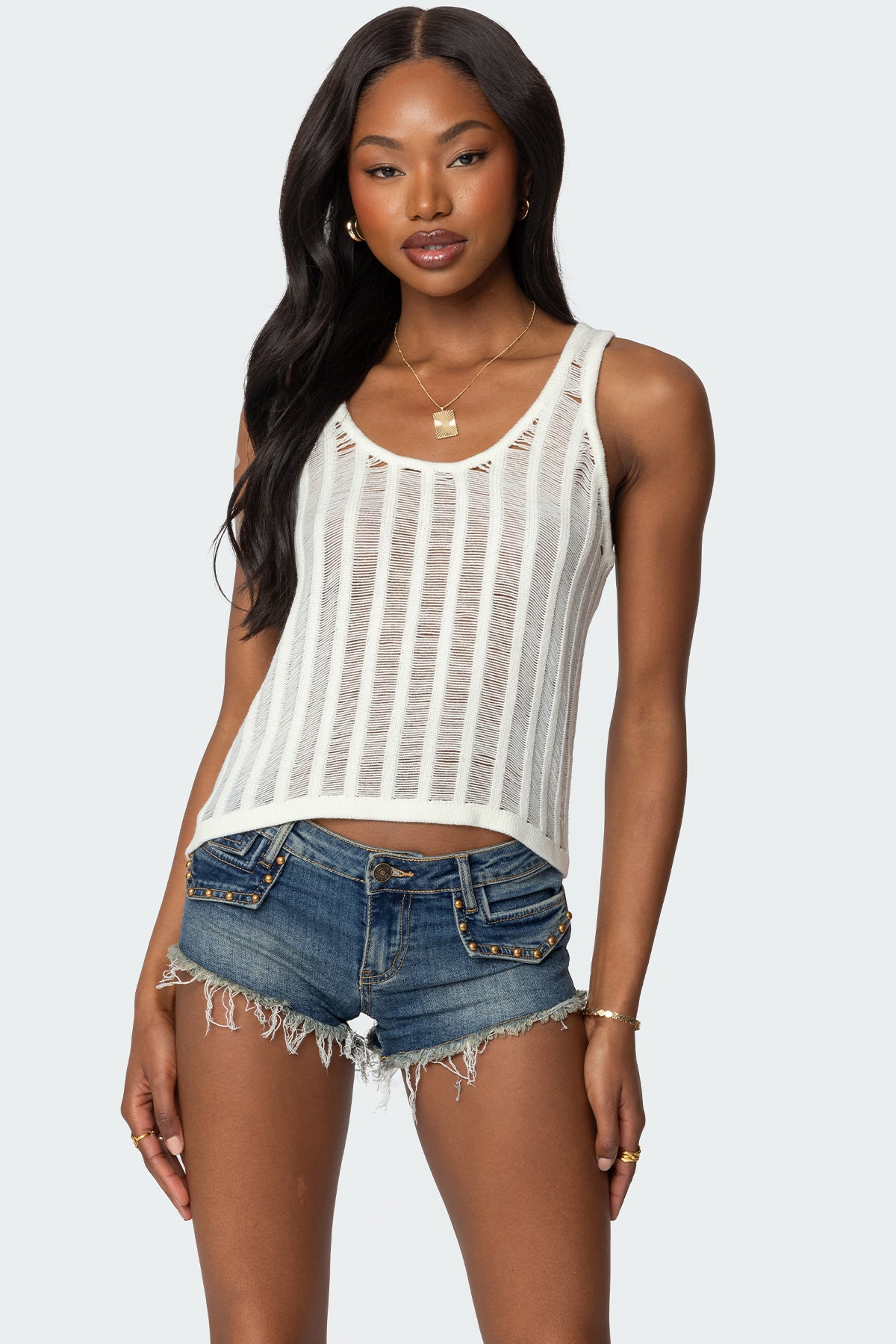 Cream Sheer Ladder Knit Tank Top - Loose Fit, Scoop Neckline