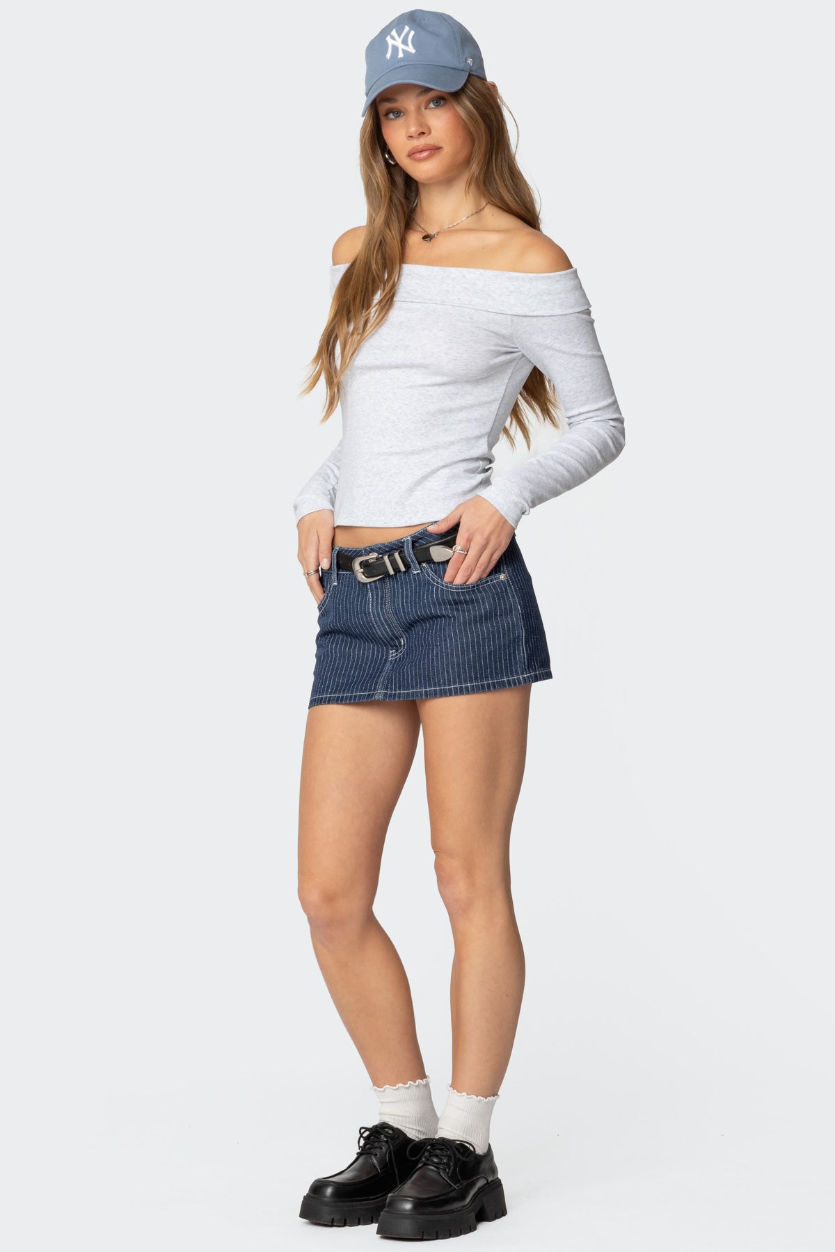 Fold Over Off Shoulder Long Sleeve Top in Gray Melange