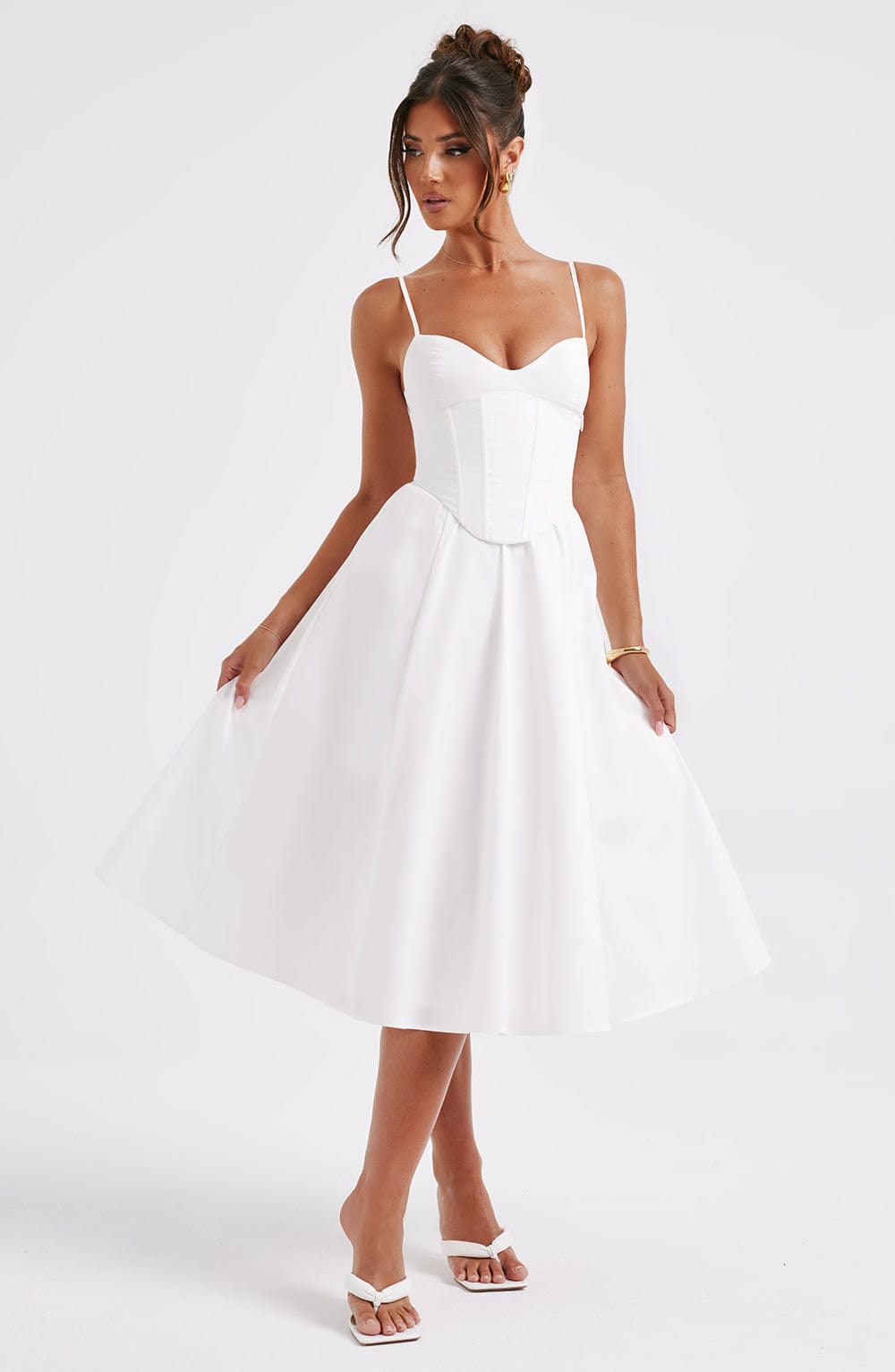 Structured Ivory Corseted Midi Dress - Feminine & Chic Style