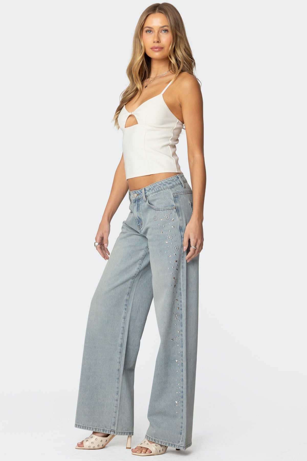 Studded Denim Low Rise Jeans in Blue