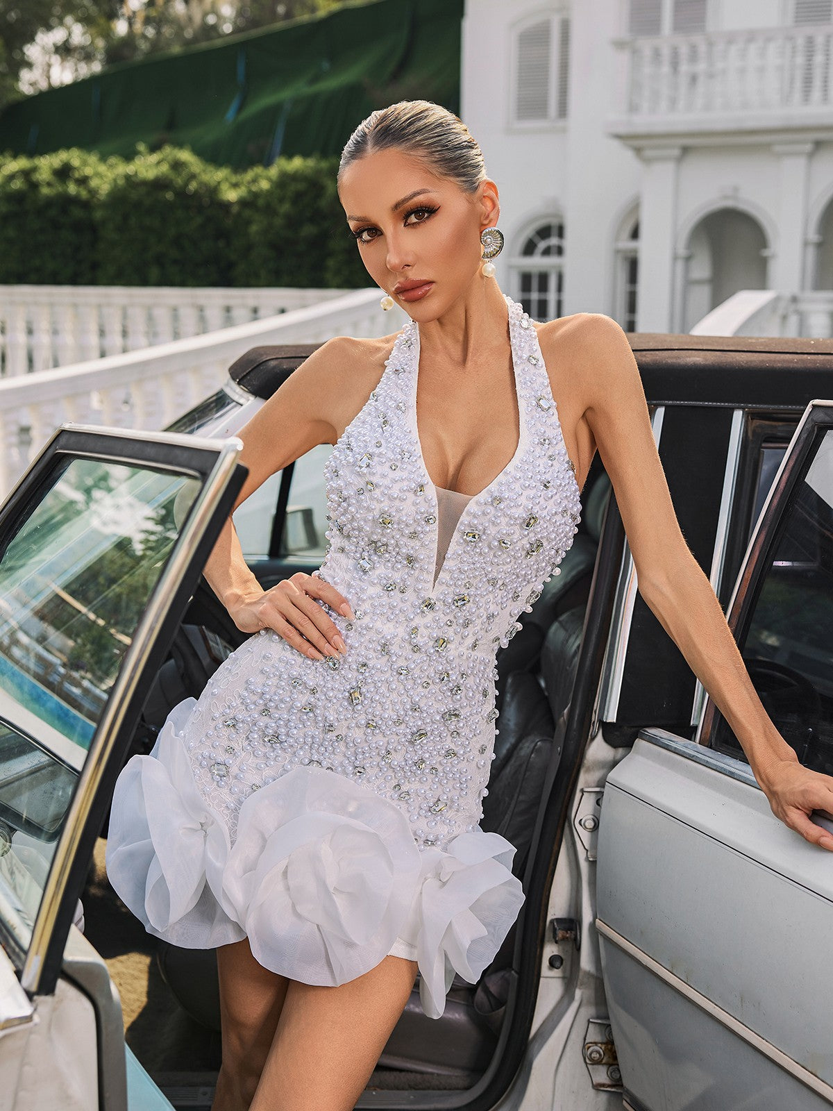 Elegant Halterneck Pearl Flower White Mini Dress