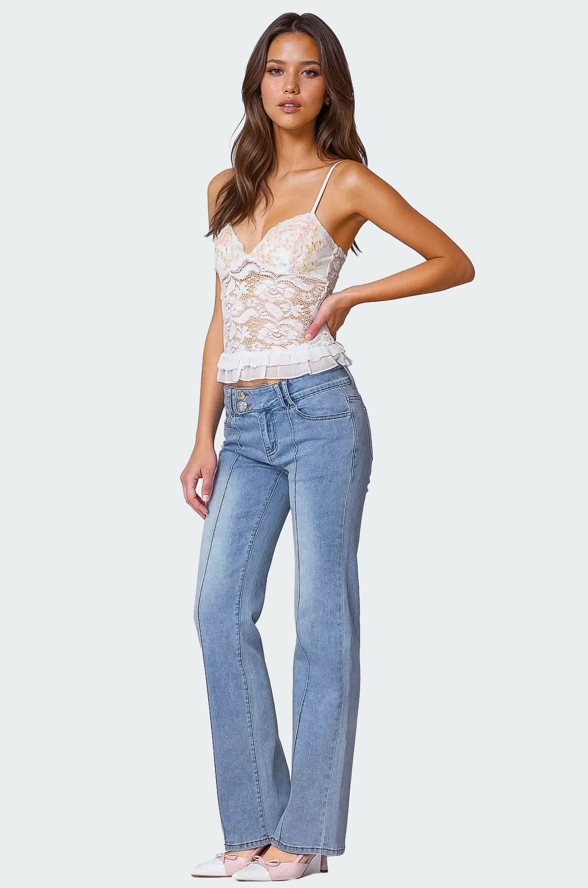 Sheer Lace White Tank Top - Adjustable Straps & Ruffled Hem