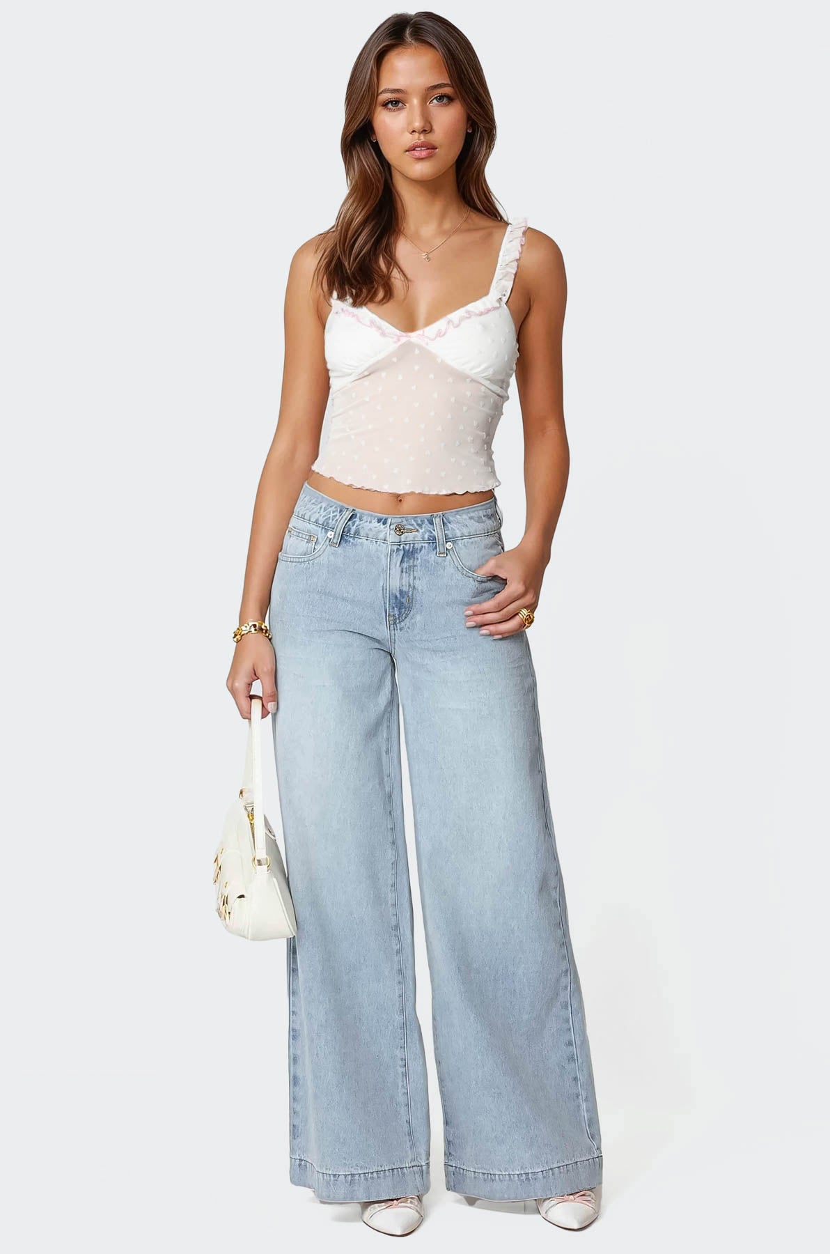 White Sheer Heart Print Tank Top with Ruffle Detailing