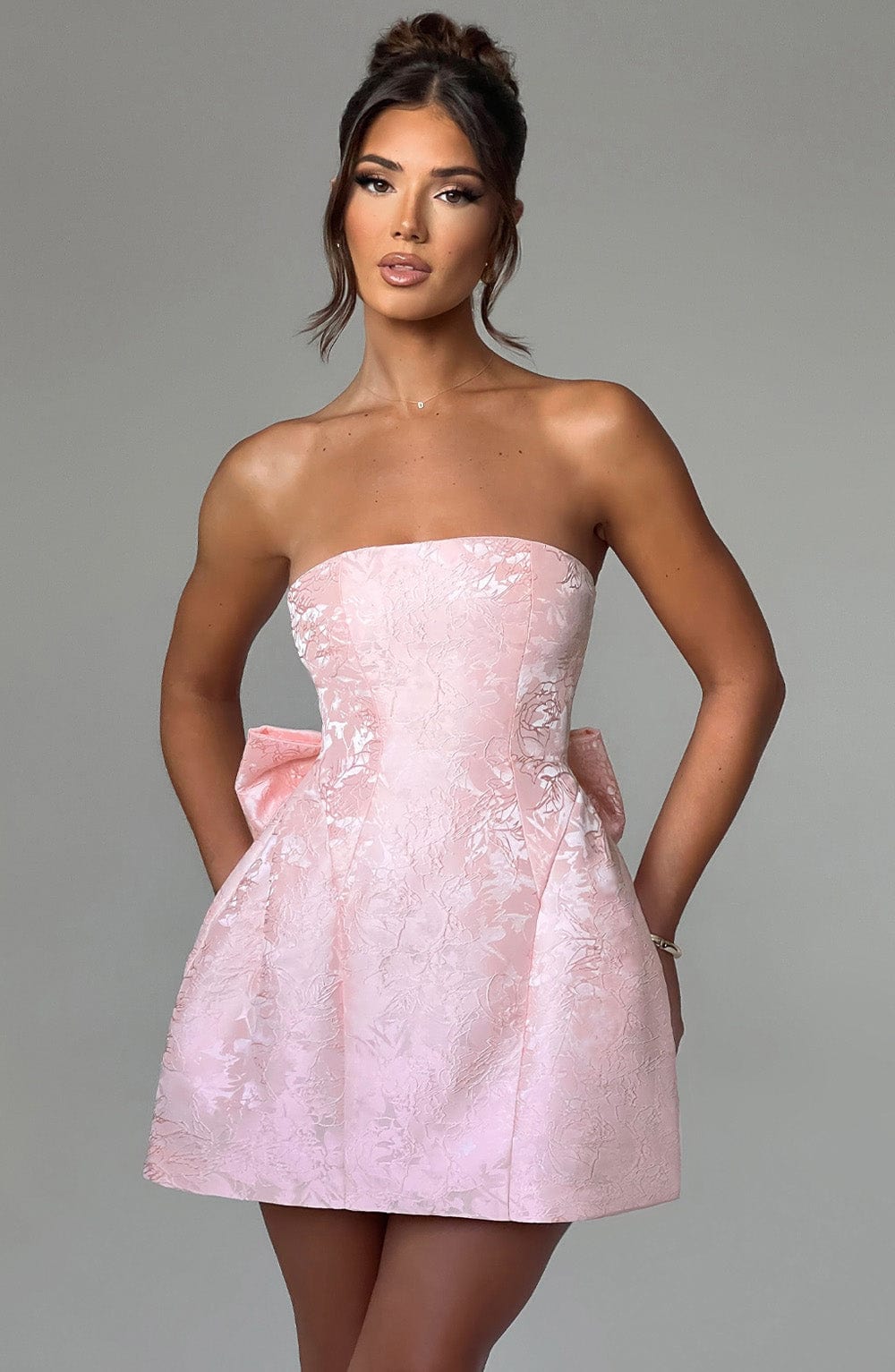 Blush Floral Jacquard Mini Dress with Detachable Bow