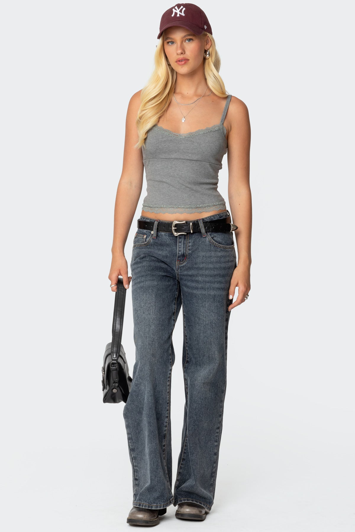 Gray Lace Trim Tank Top Womens Adjustable V-Neck Sleeveless Shirt