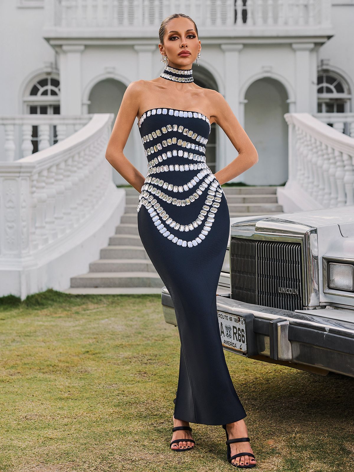 Black Strapless Crystal Bandage Maxi Dress with Choker