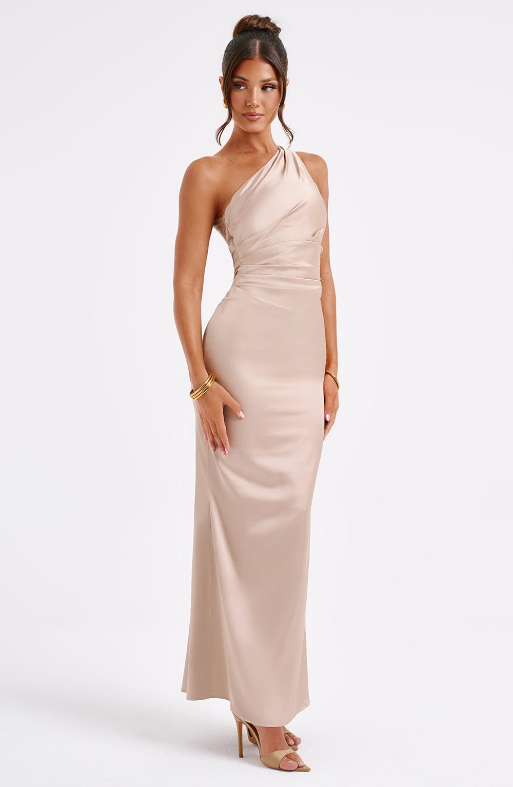 Champagne One-Shoulder Maxi Dress - Elegant Evening Wear