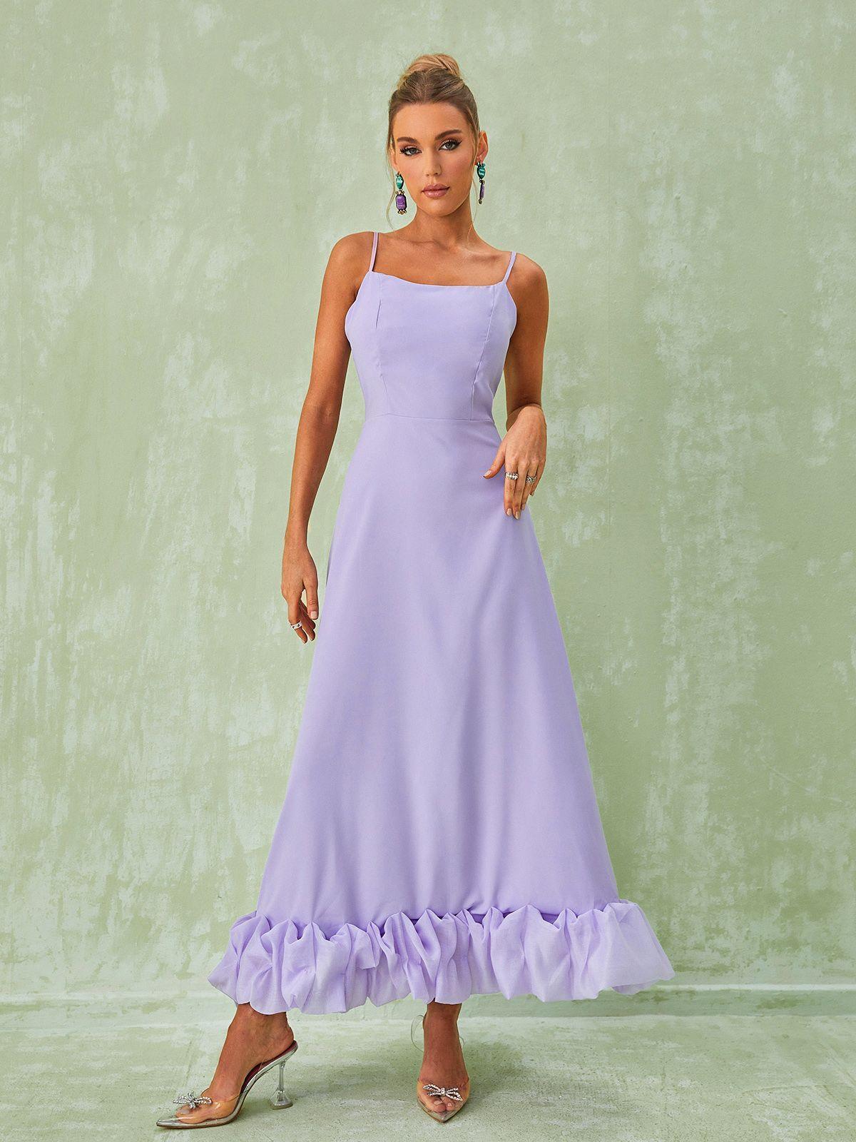 Violet Spaghetti Strap Maxi Dress - Floral Hem Detail