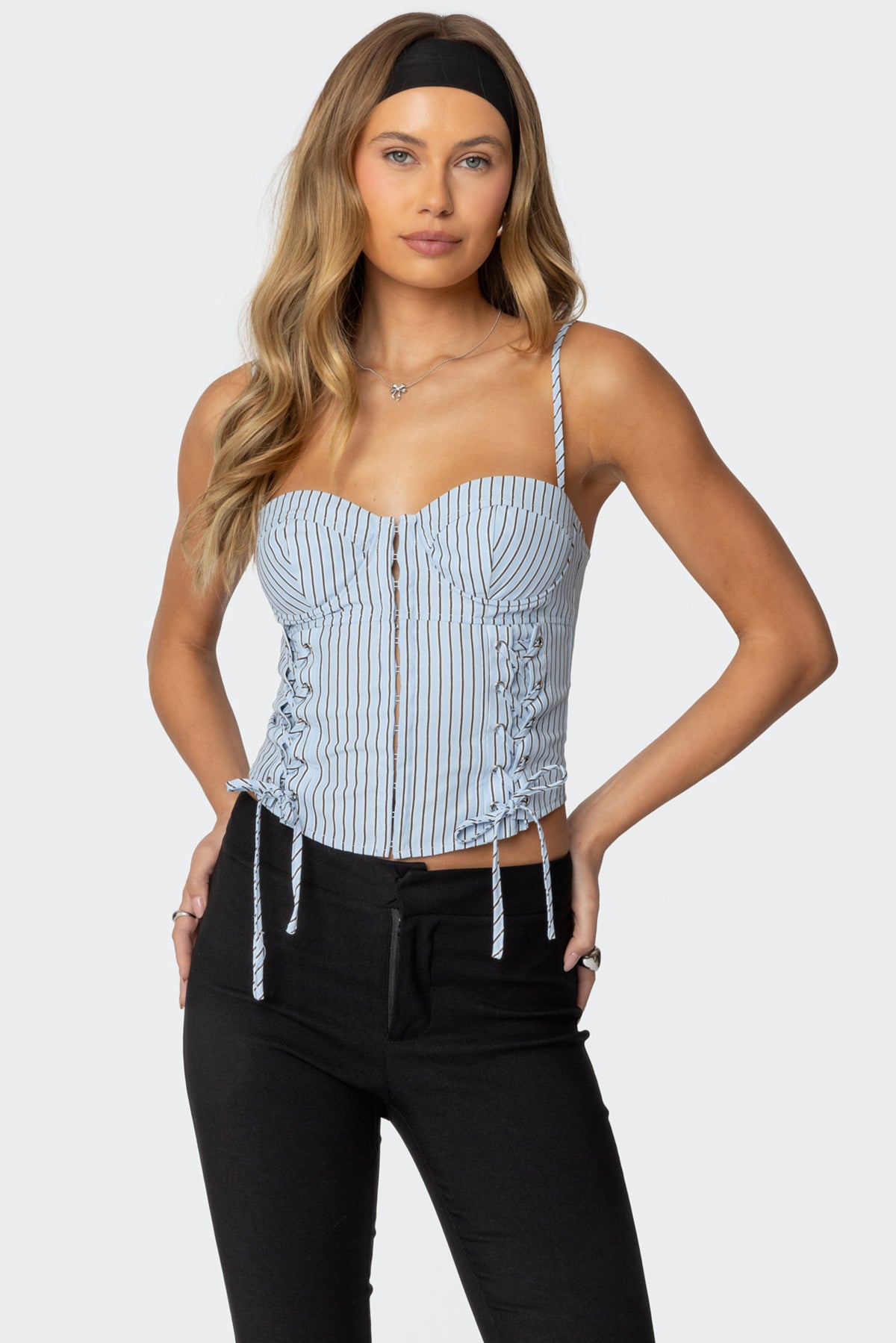 Light Blue Lace Up Pinstripe Corset - Adjustable Cupped Design