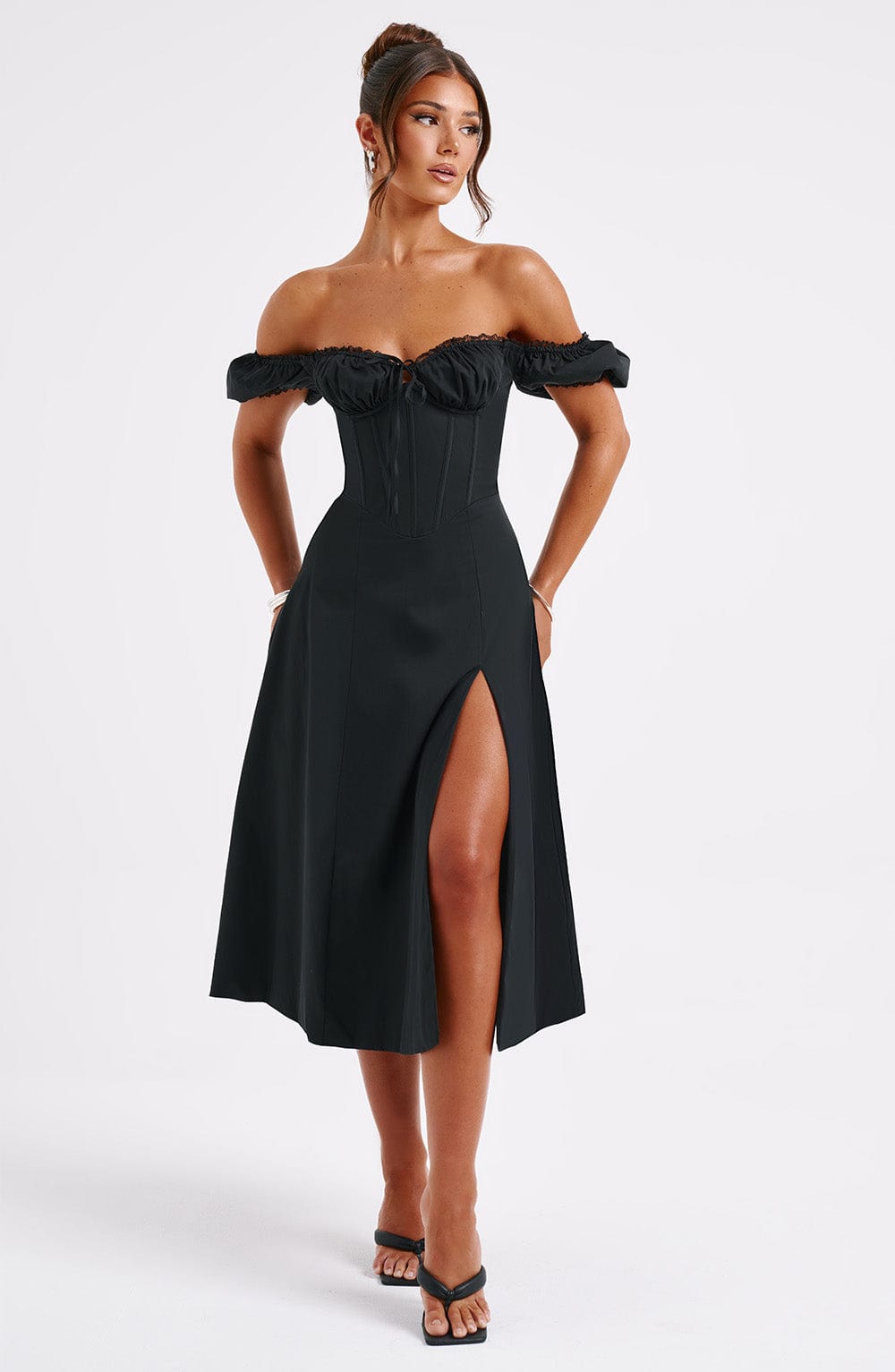 Black Cotton Courtney Midi Dress with Puffed Sleeves