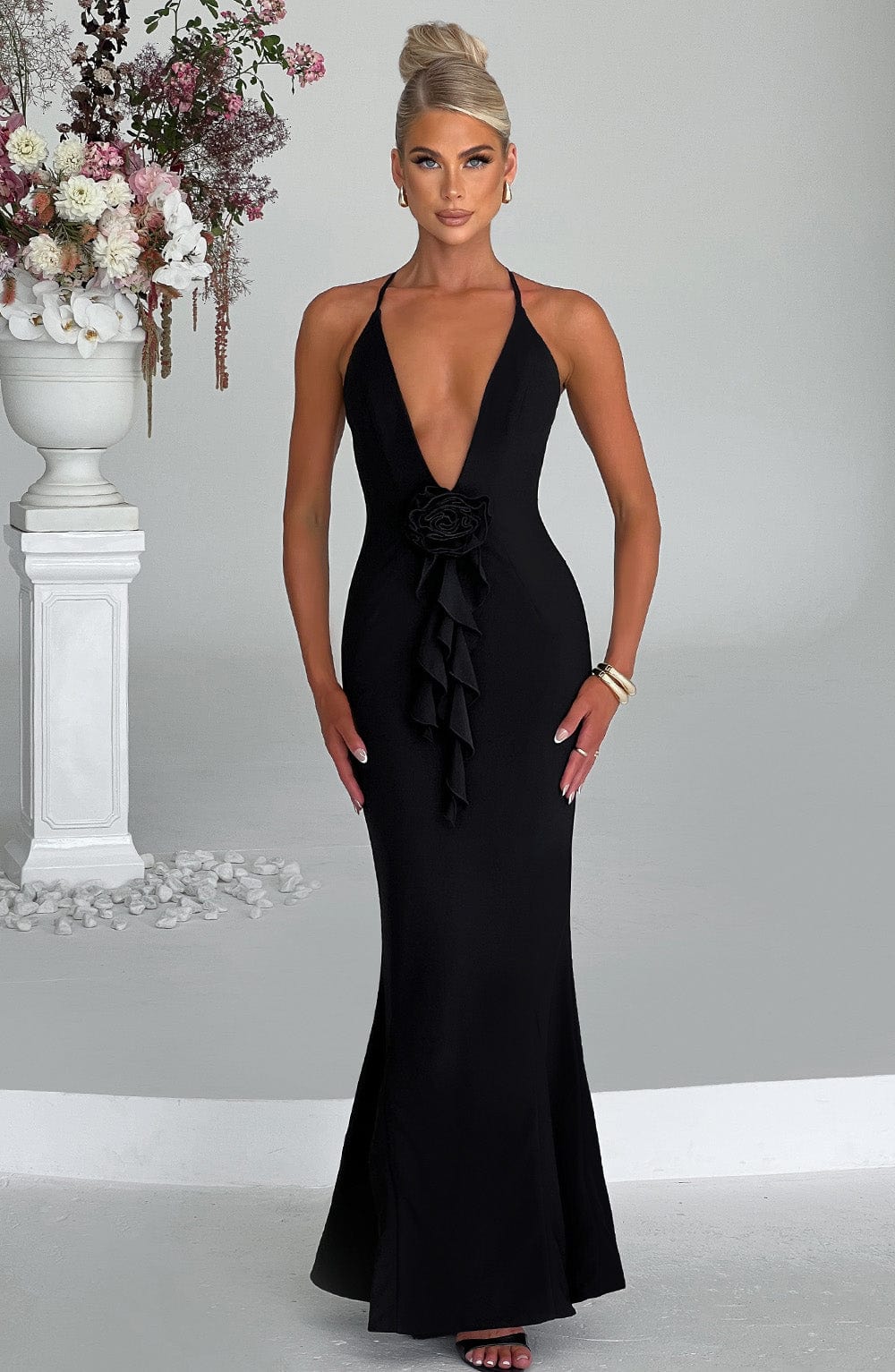 Black Plunge Halter Maxi Dress - Premium Mesh Fabric